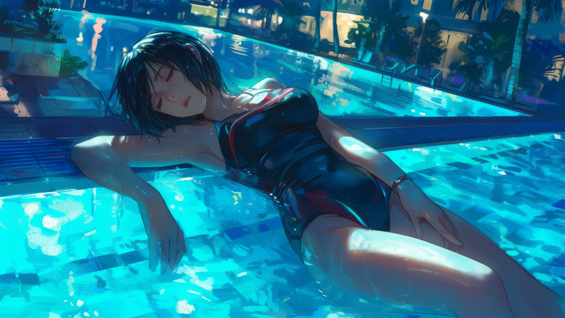 Mikasa Ackerman resting by pool under moonlight