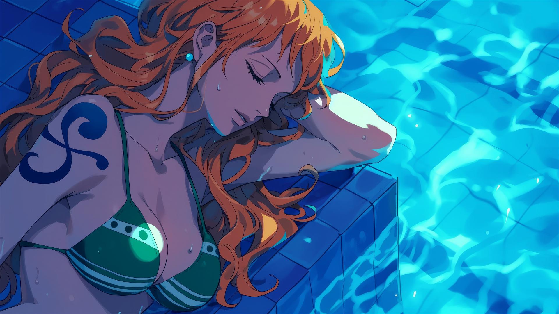 Nami from One Piece resting by pool under moonlight
