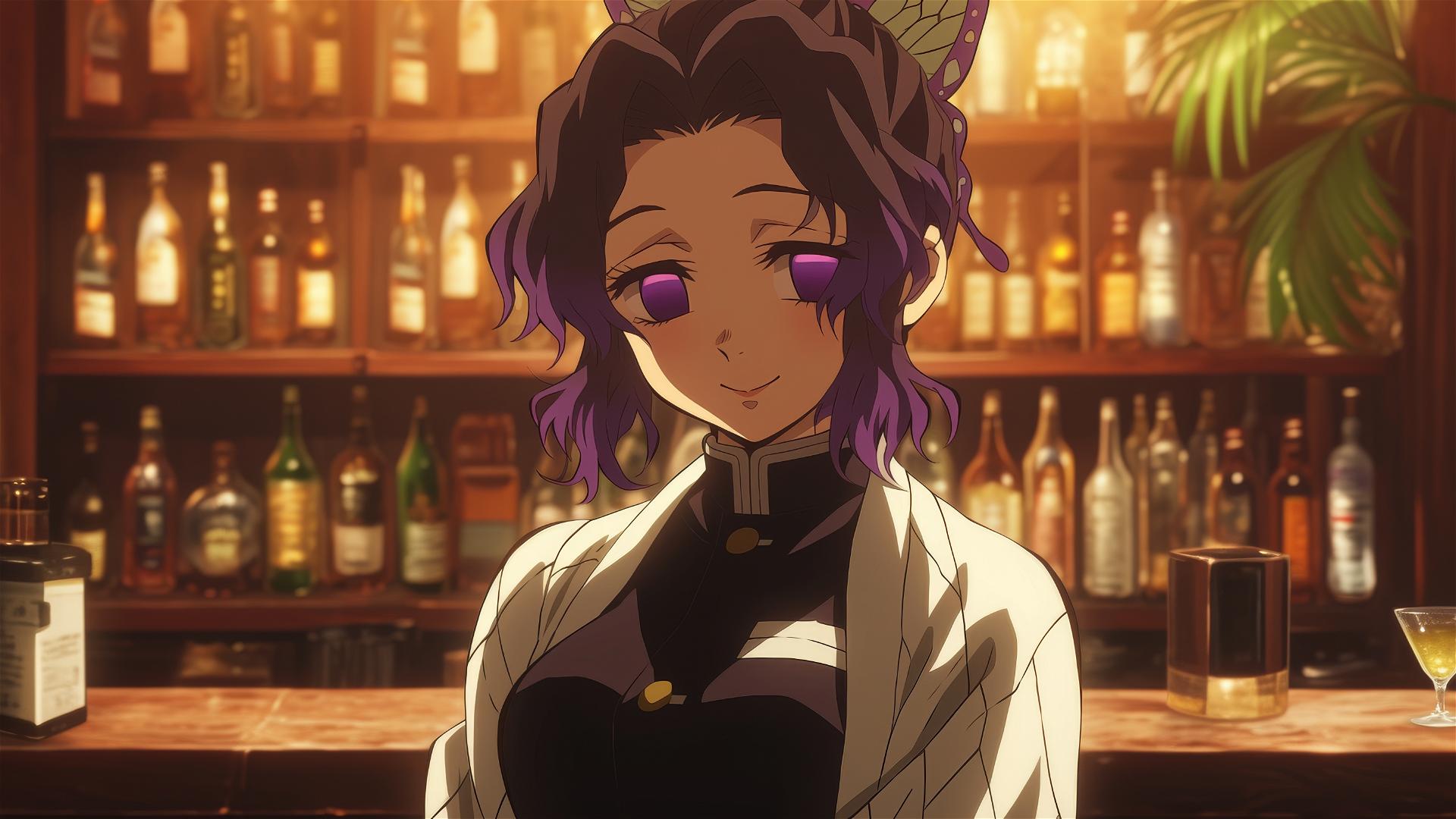 Shinobu Kocho from Demon Slayer sitting in a bar