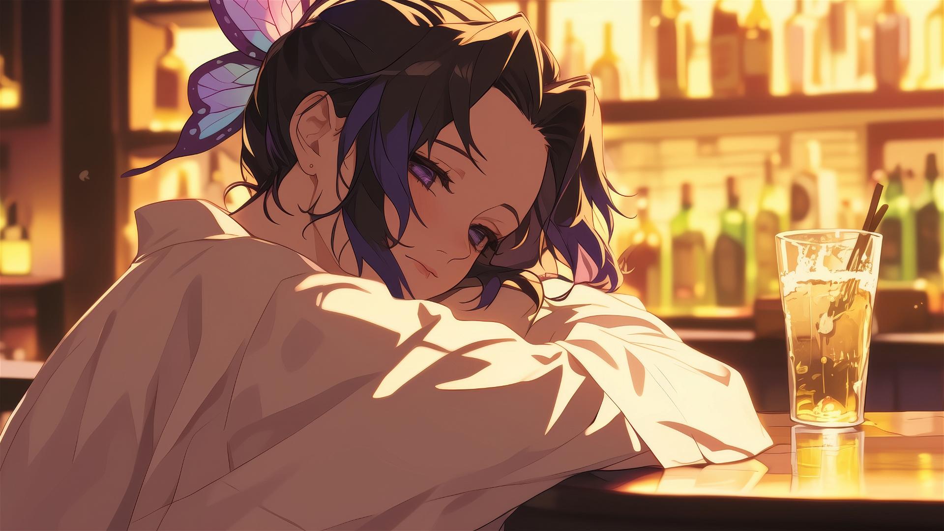Shinobu Kocho in silk pajamas at a dim bar with morning light