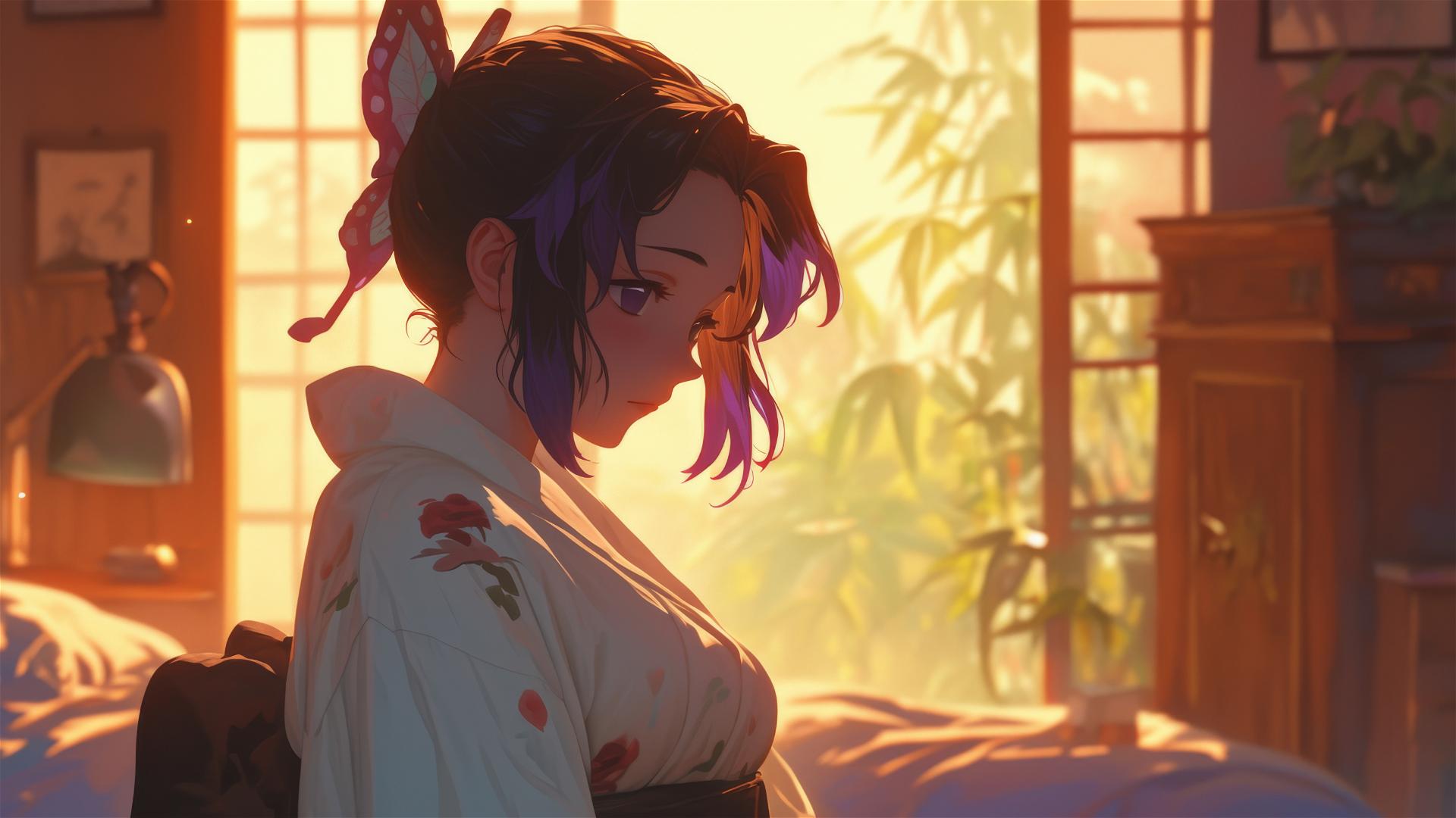 Shinobu Kocho in white shirt in sunlit apartment