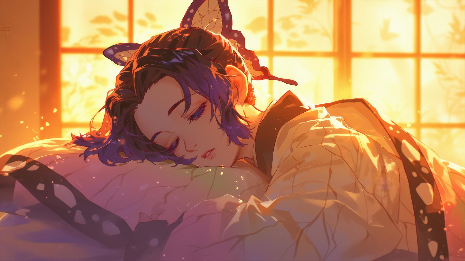 Shinobu Kocho in silk pajamas at sunrise in apartment