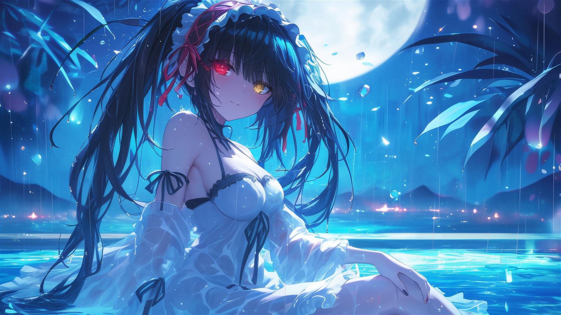 Kurumi Tokisaki, white dress, in rainy pool under moonlight, red and yellow eyes