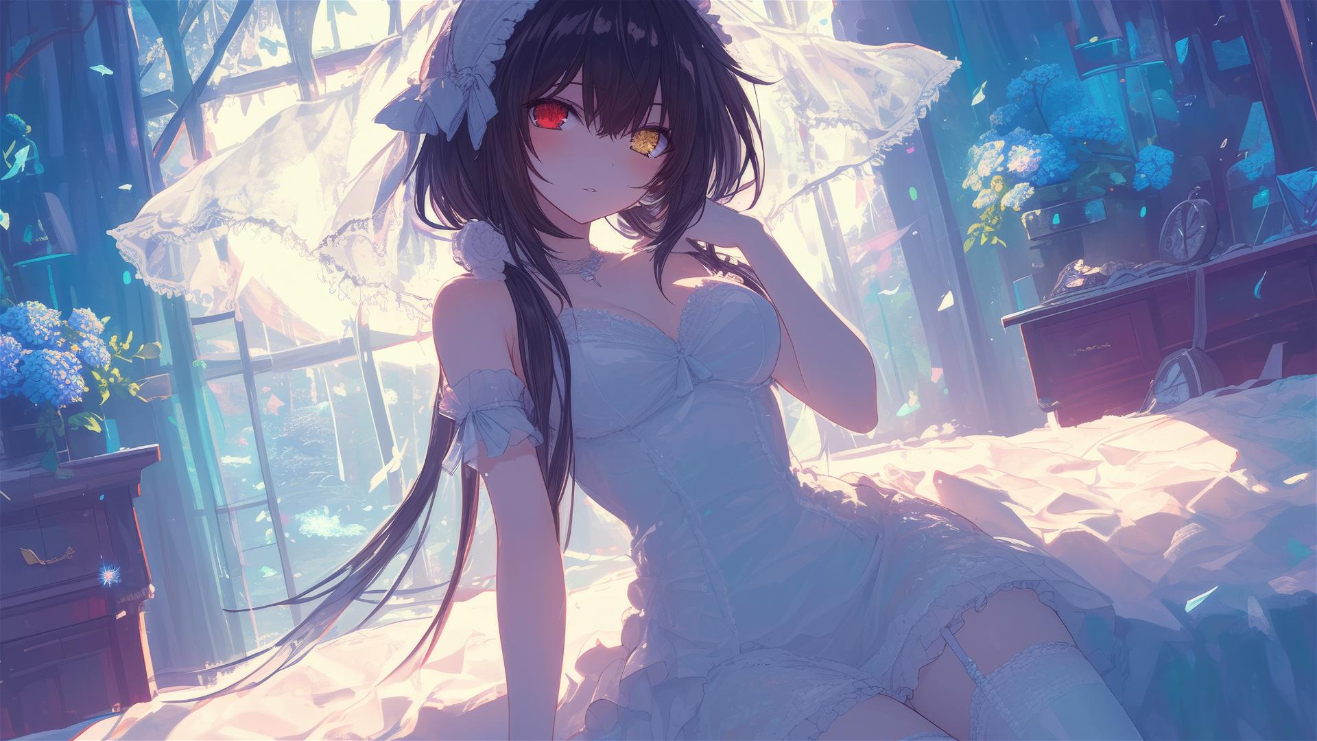 Kurumi Tokisaki in bedroom with moonlight on her figure in white dress, red right eye, yellow left eye