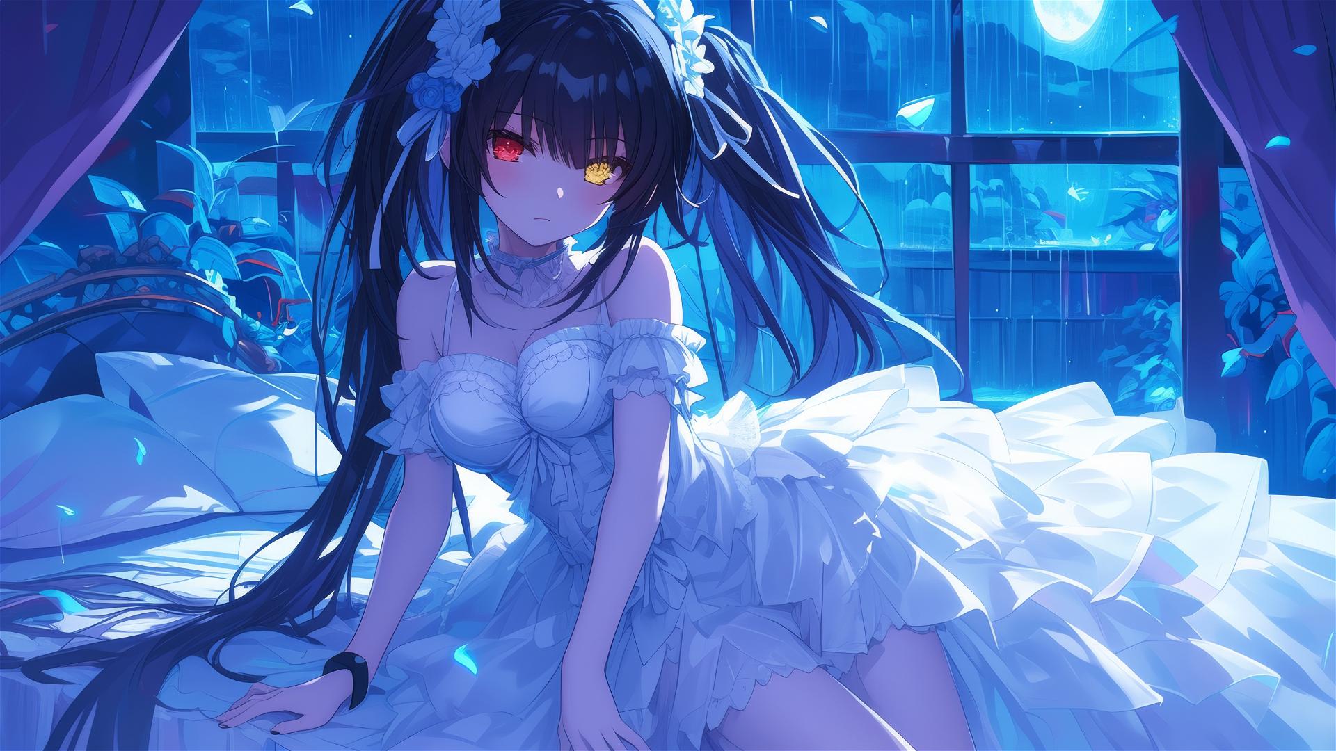 Kurumi Tokisaki resting in bedroom with moonlight on her