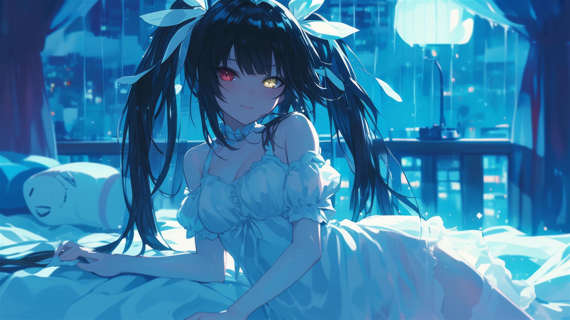Kurumi Tokisaki resting in bedroom, moonlit glow on white dress, red and yellow eyes