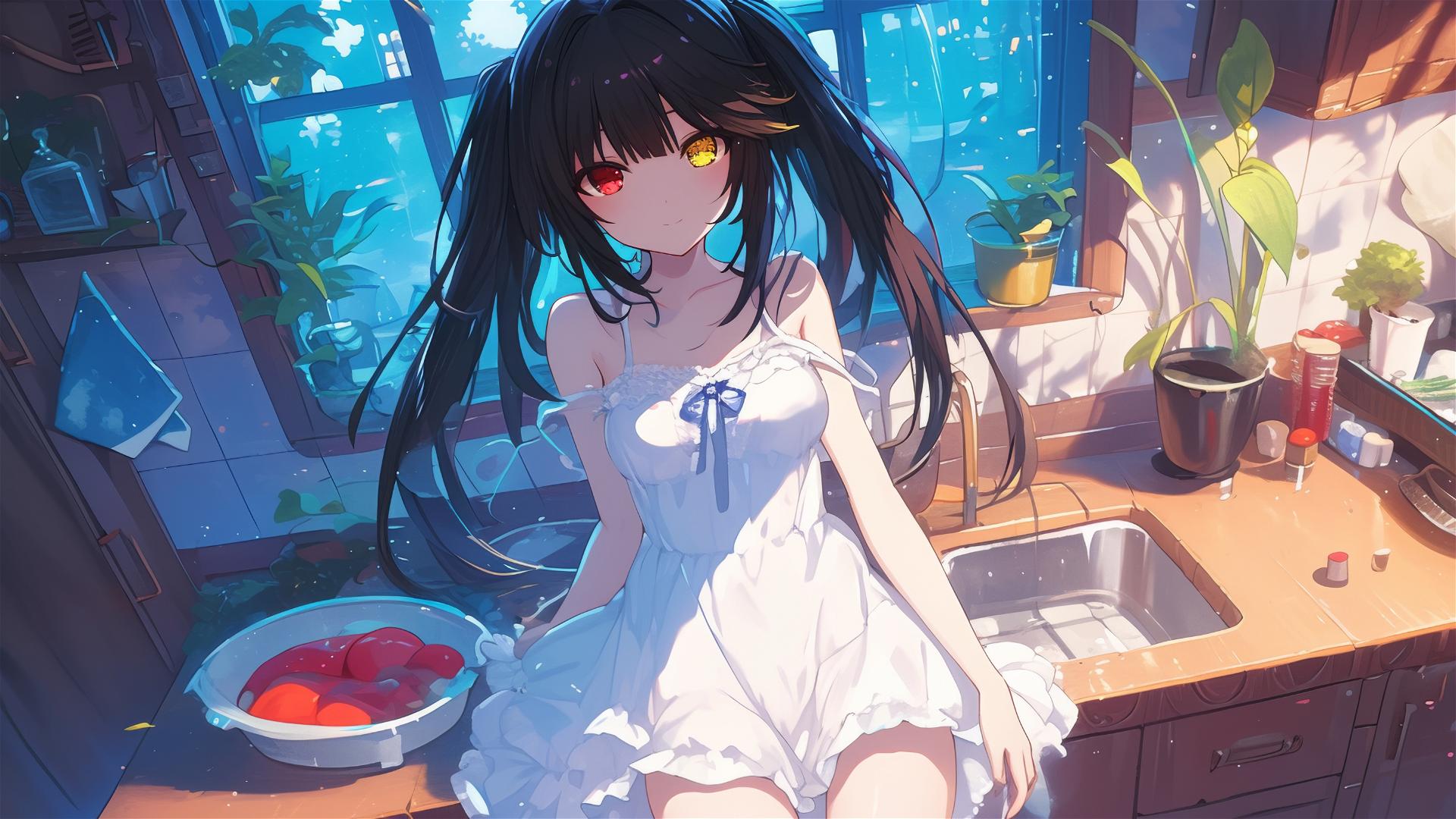 Kurumi Tokisaki in kitchen with moonlight on white dress, red right eye, yellow left eye