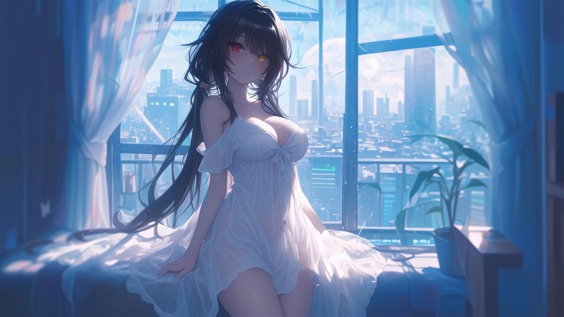 Kurumi Tokisaki in apartment under moonlight, white dress, red and yellow eyes