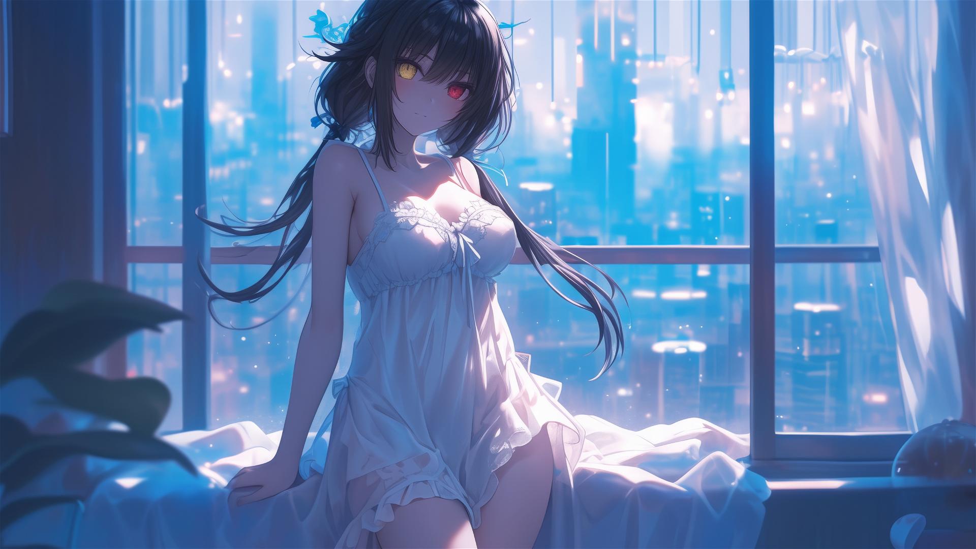 Kurumi Tokisaki in white dress under moonlight with bicolor eyes