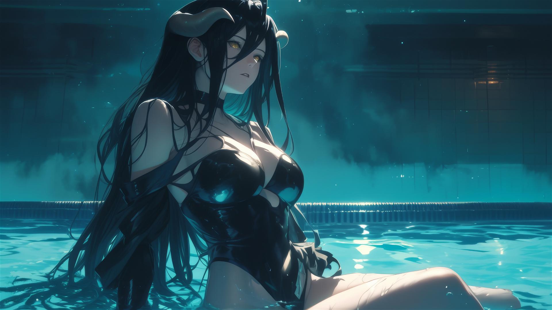 Albedo from Overlord in a pool with moonlight casting a glow on her