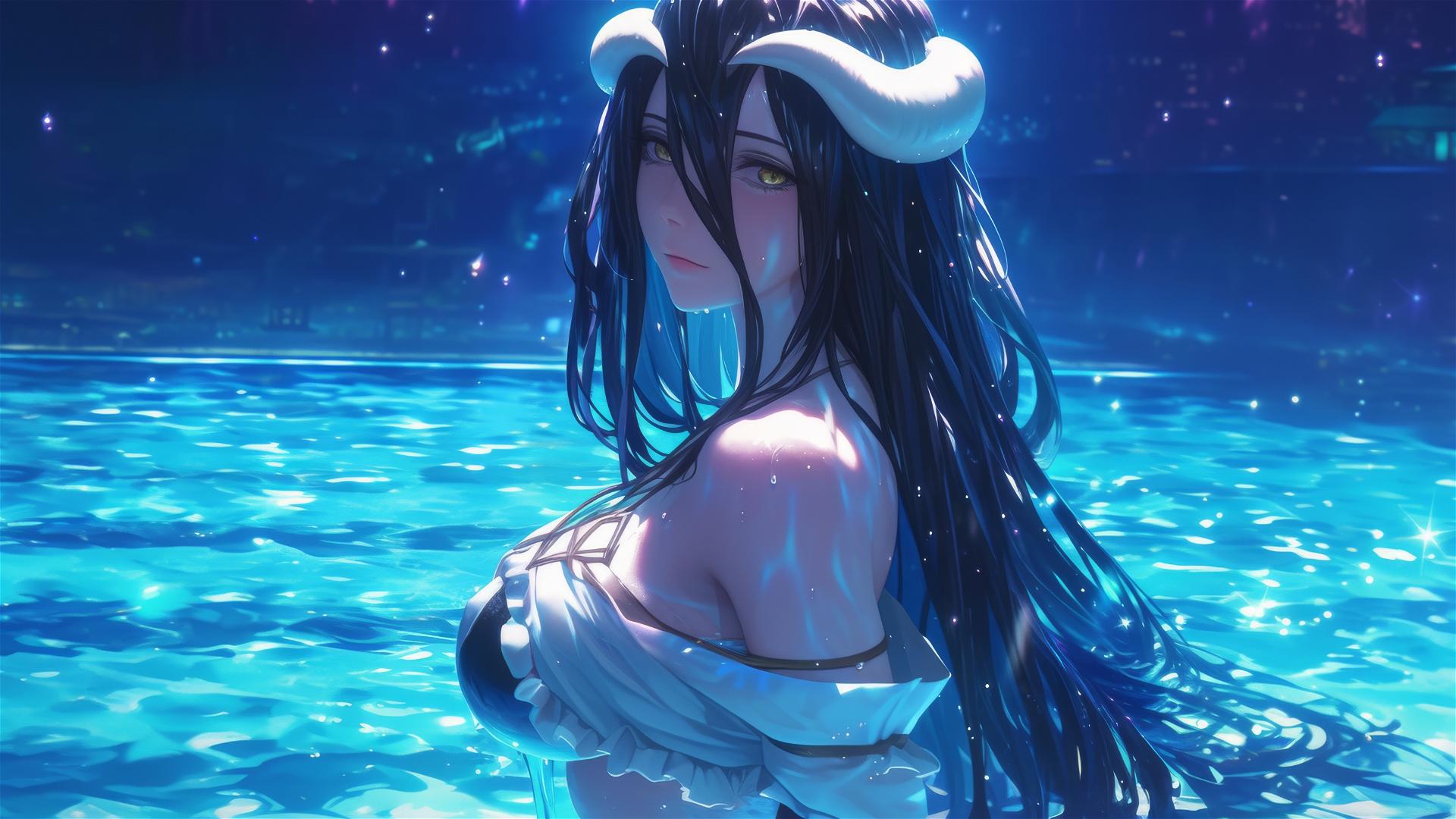 Albedo from Overlord in a pool under moonlight