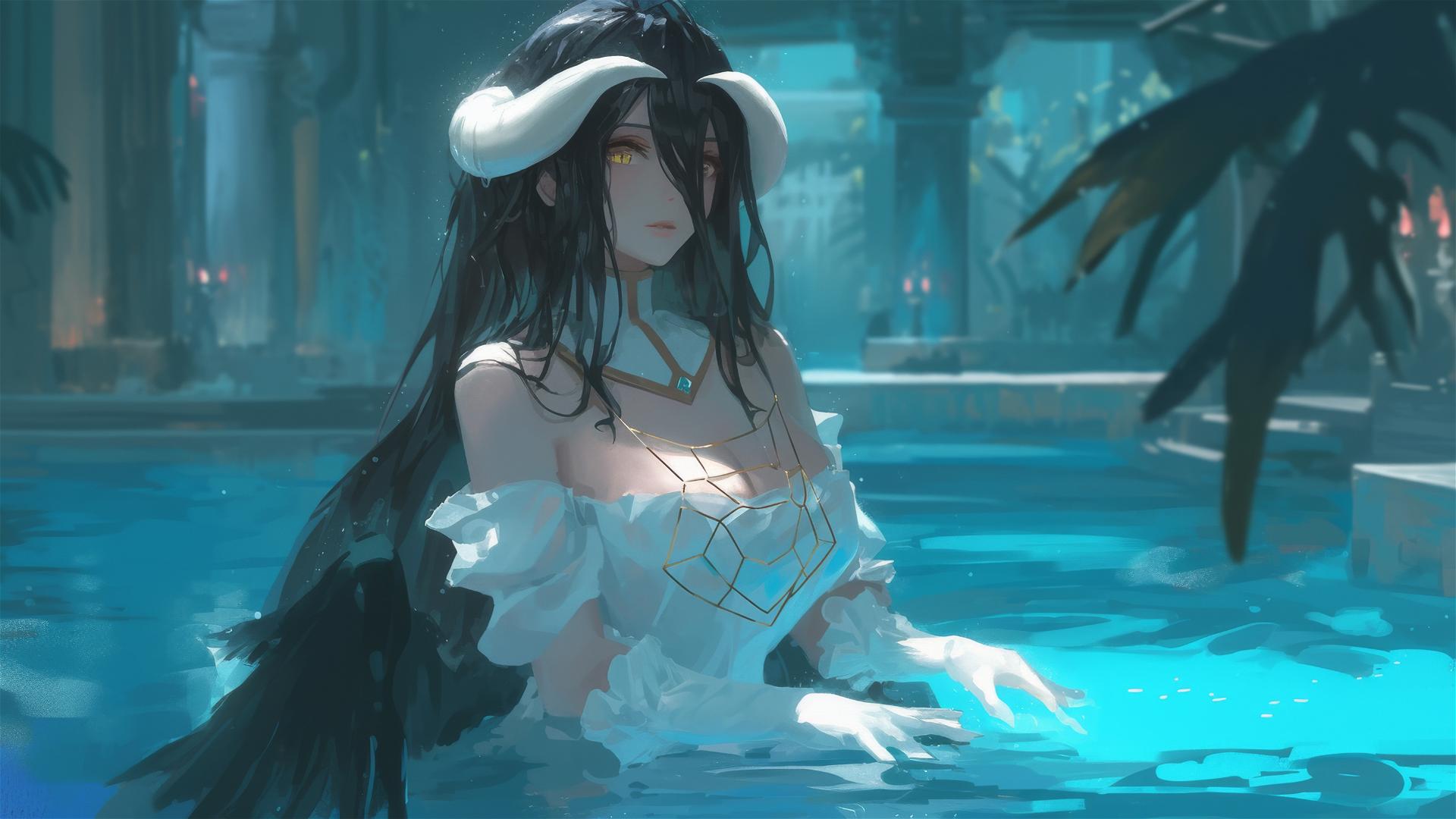 Albedo from Overlord in a pool on a rainy day with moonlit silhouette