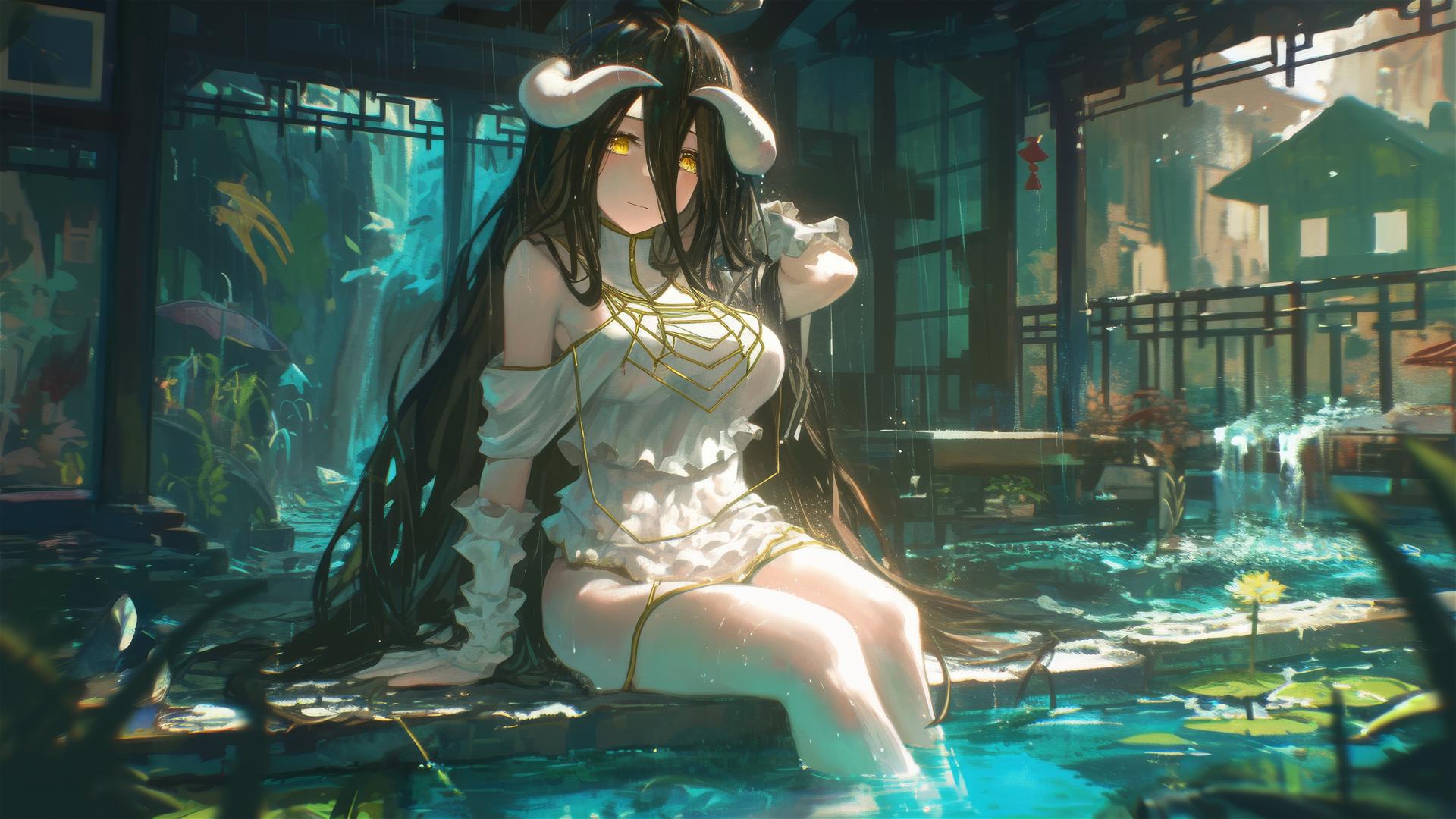 Albedo from Overlord in a pool on a rainy day with moonlit glow