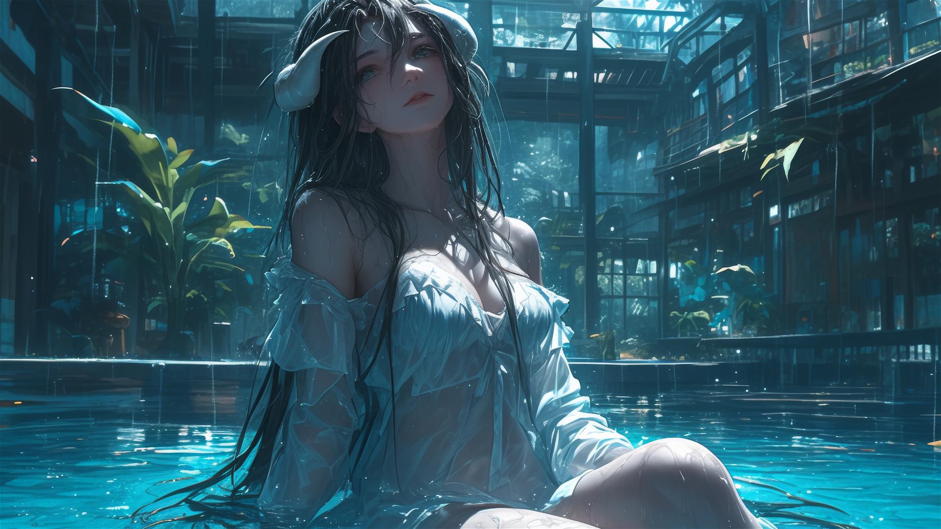 Albedo from Overlord as a bunny girl in a pool on a rainy day with moonlight glow