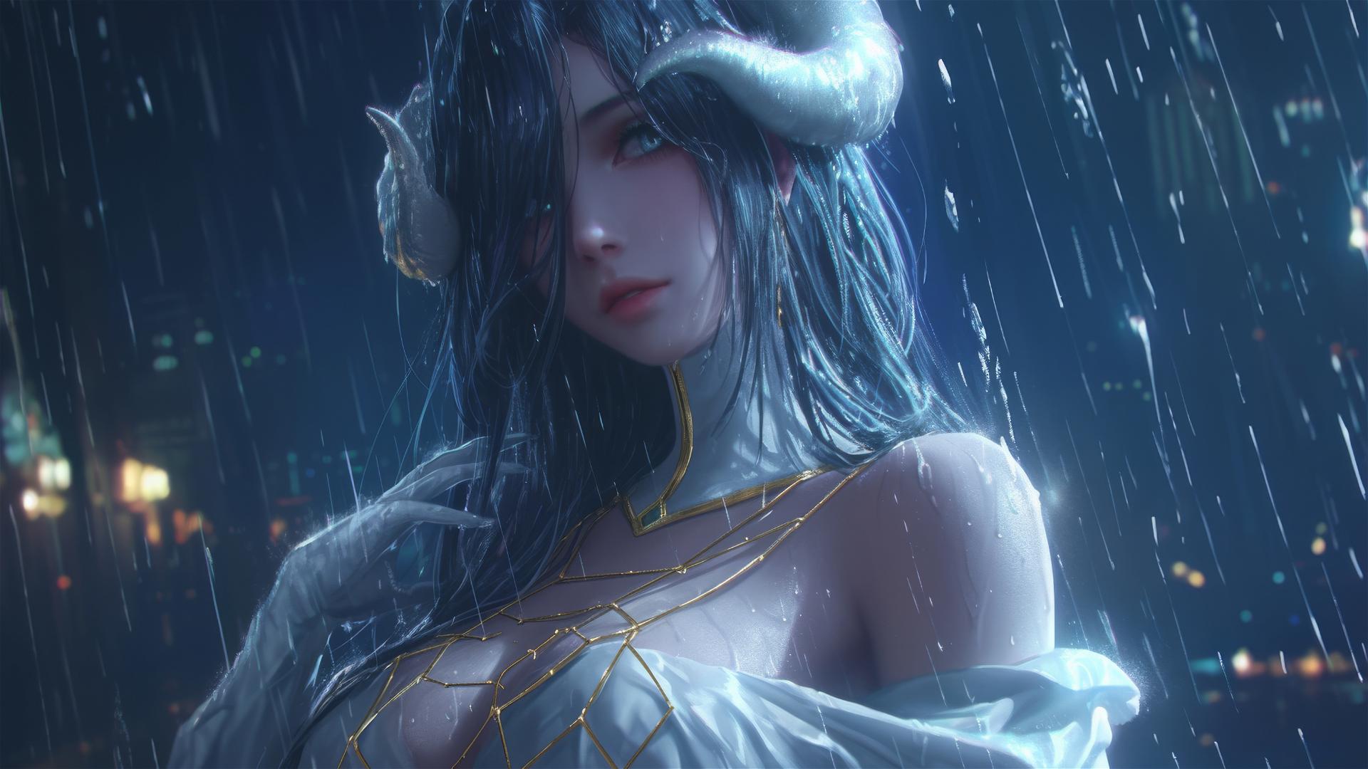 Albedo from Overlord in the rain with moonlight glow in white dress and bunny pose