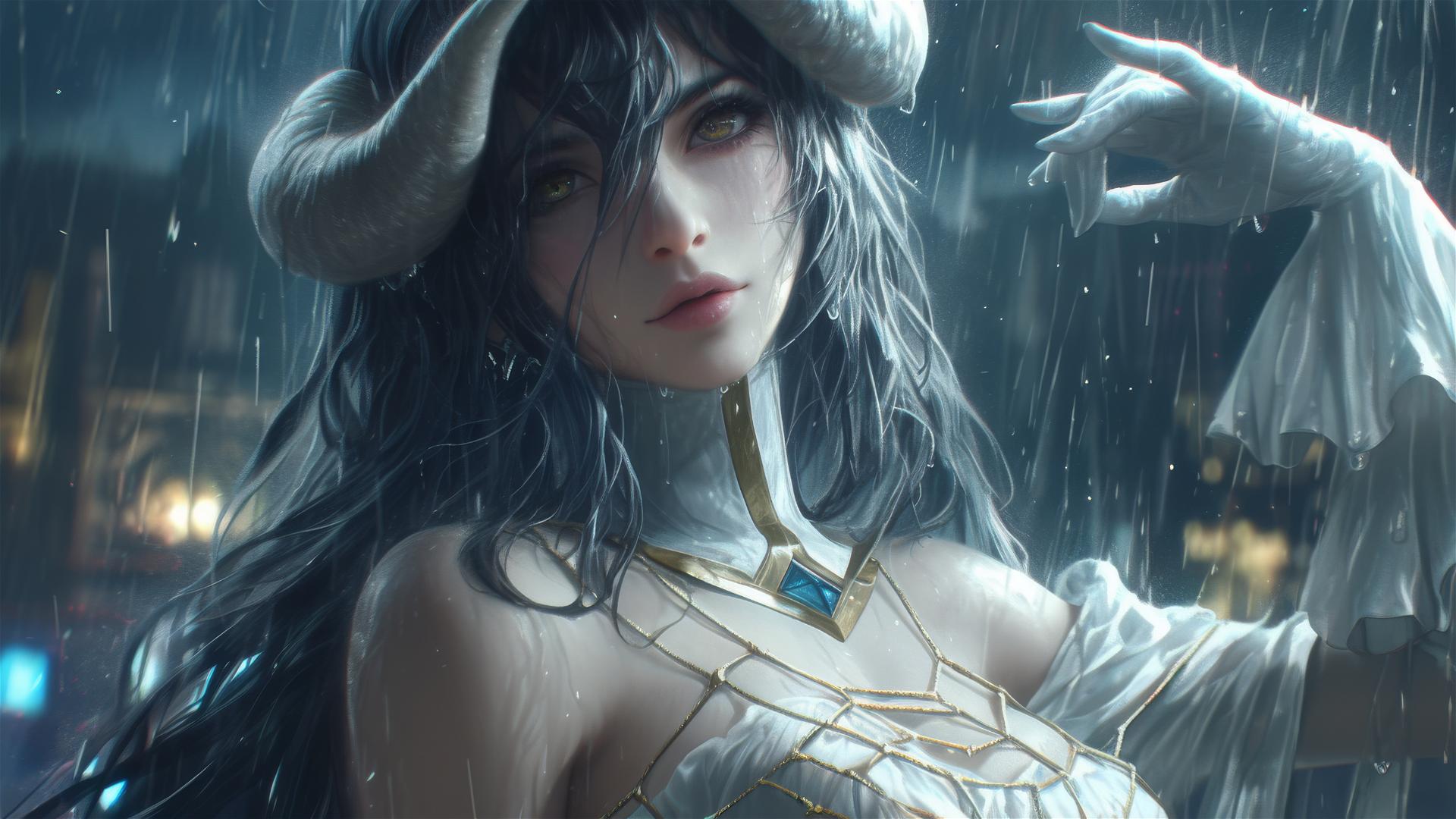 Albedo from Overlord in white dress and bunny pose, in the rain under moonlight