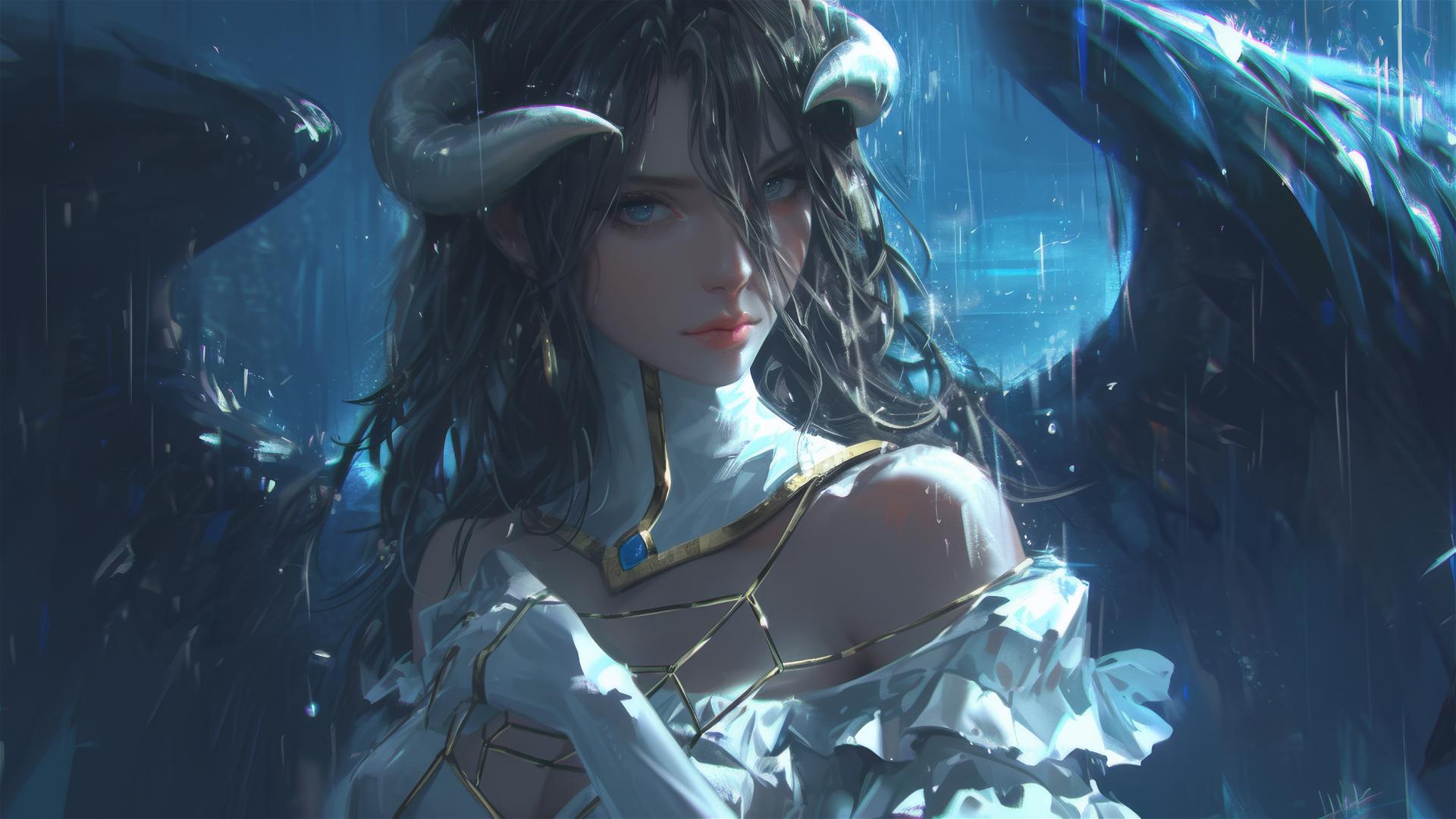 Albedo from Overlord in the rain with moon's glow