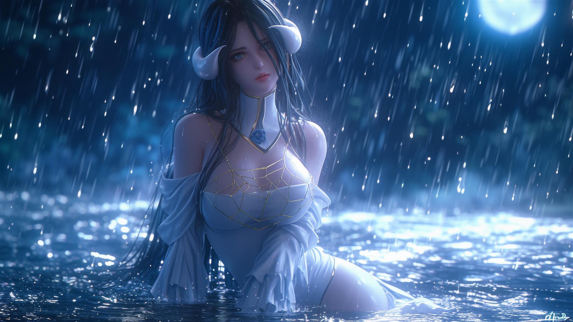 Albedo from Overlord in bunny girl pose under moonlit rain