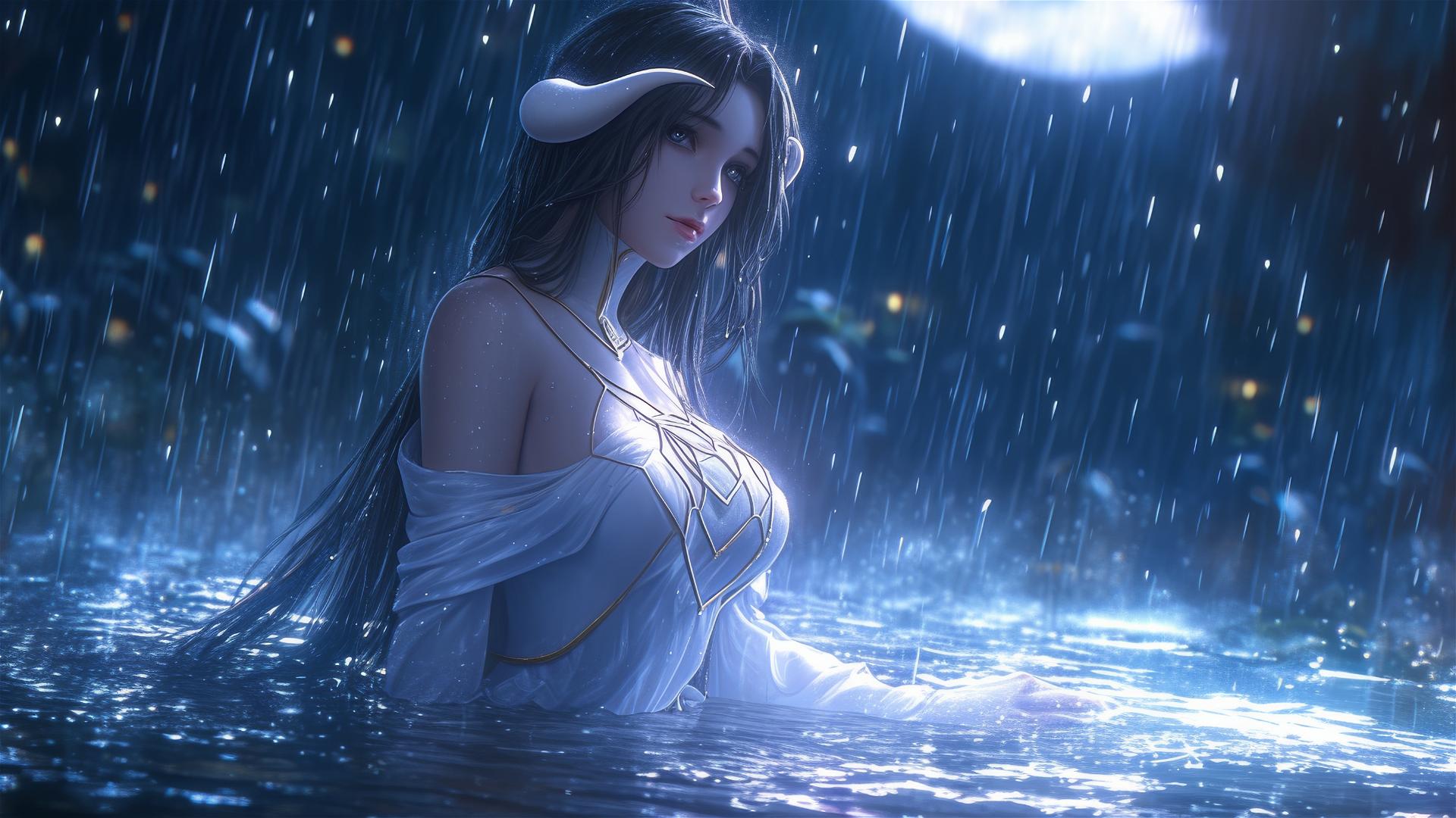 Albedo from Overlord in bunny pose, white dress, moonlit rain scene