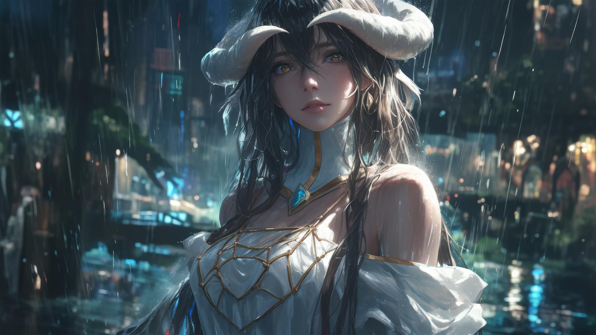 Albedo from Overlord in rain with moonlight glow, white dress, bunny pose, water reflection