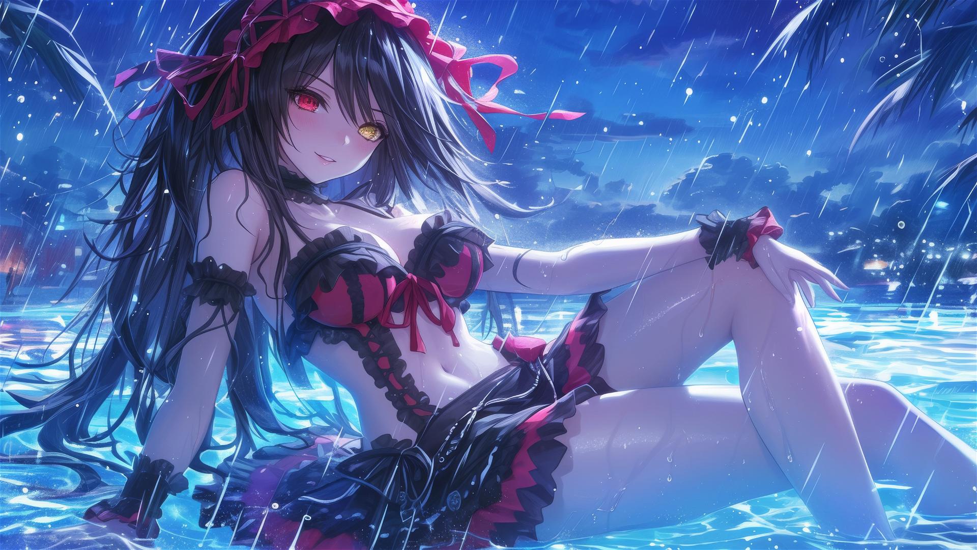 Kurumi Tokisaki in rainy pool under moonlight