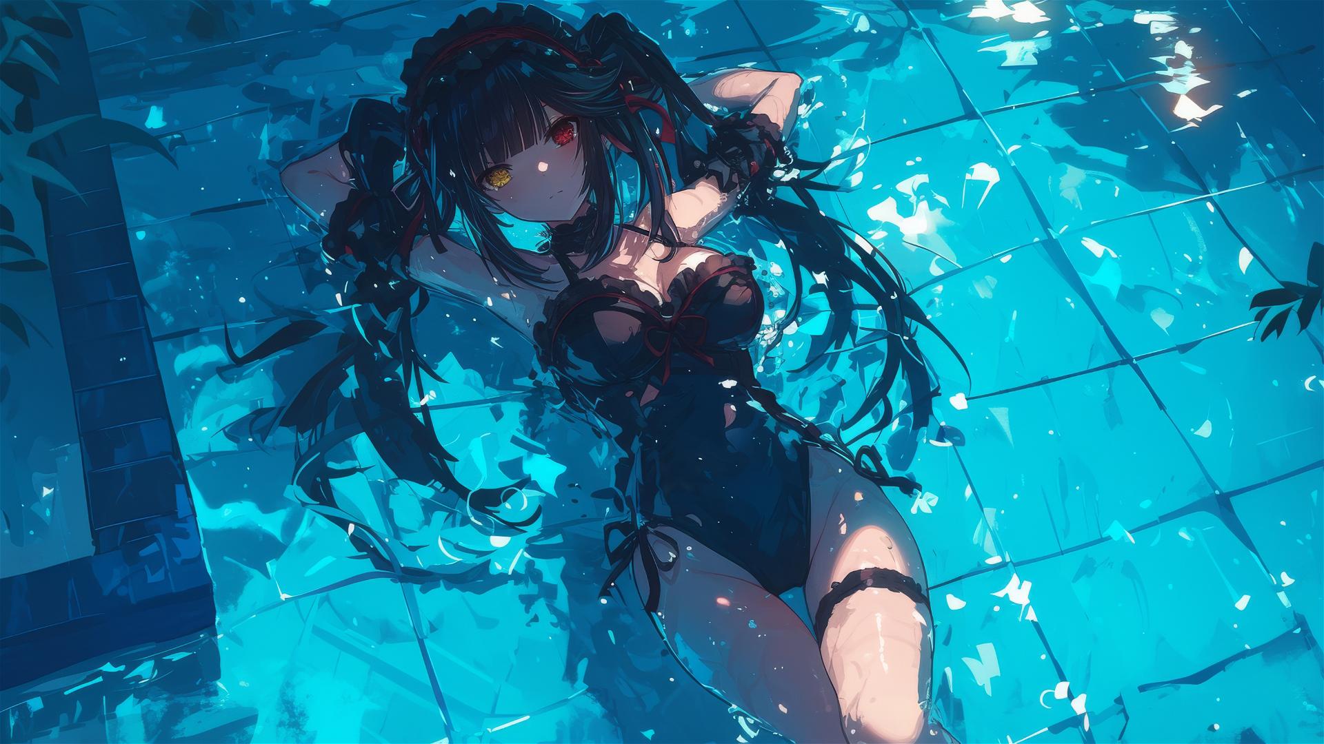Kurumi Tokisaki from Date A Live in rainy pool with moon glow