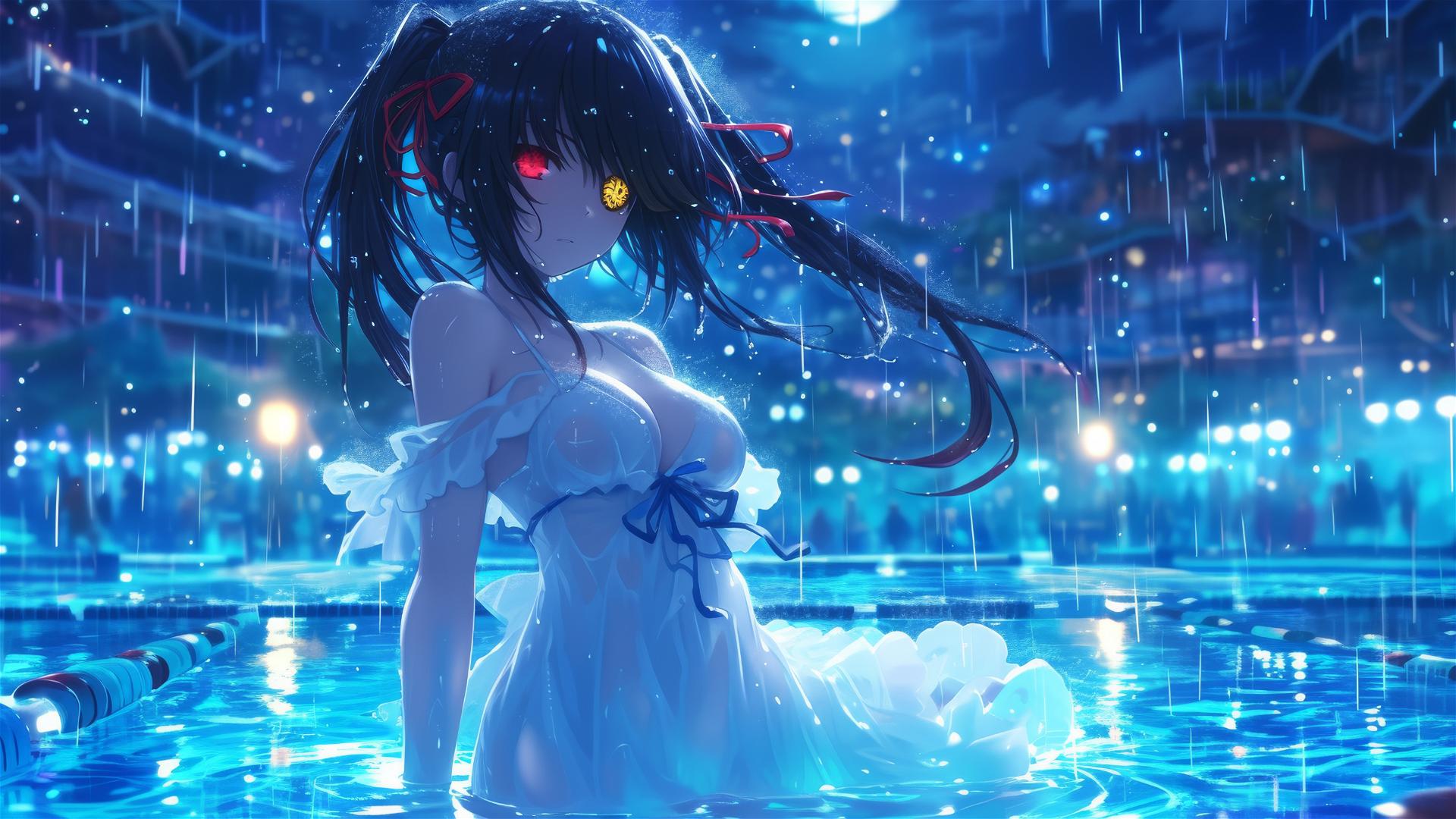 Kurumi Tokisaki in a rainy pool under moonlight, white dress, red & yellow eyes