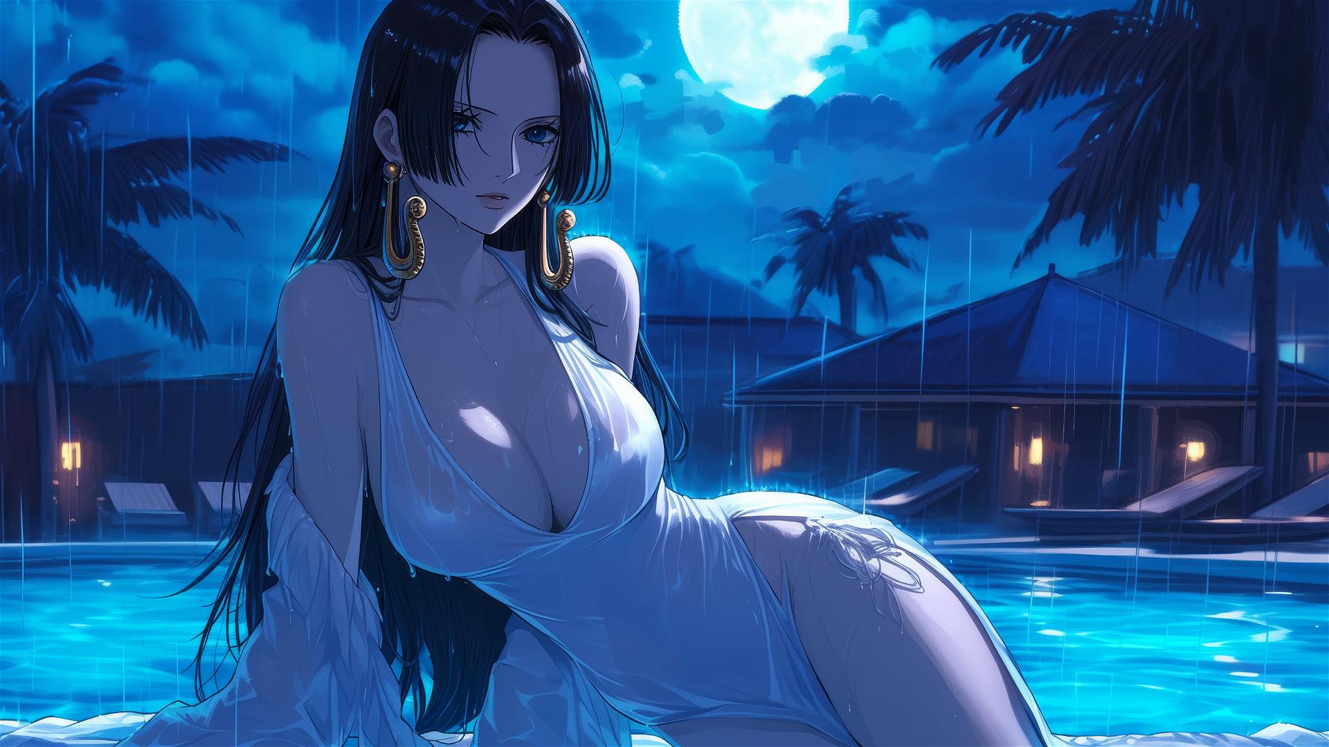 Boa Hancock from One Piece resting by a pool in the rain under moonlight, dressed in white