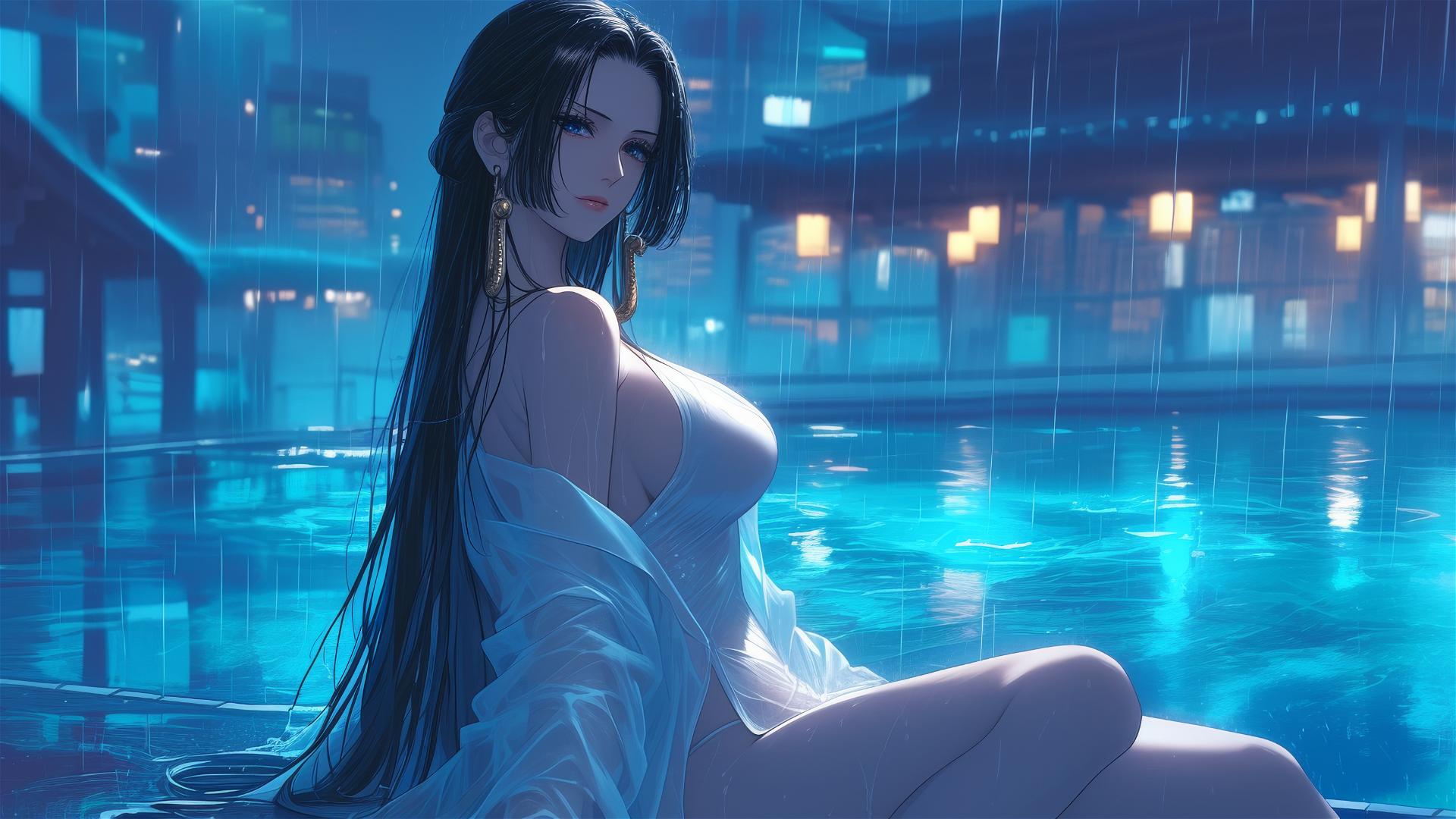 Boa Hancock resting by pool in moonlight, white dress, rainy ambiance