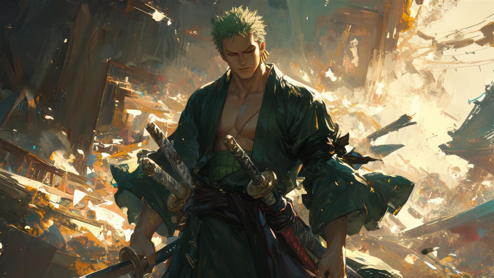 Roronoa Zoro among ruins of a devastated city