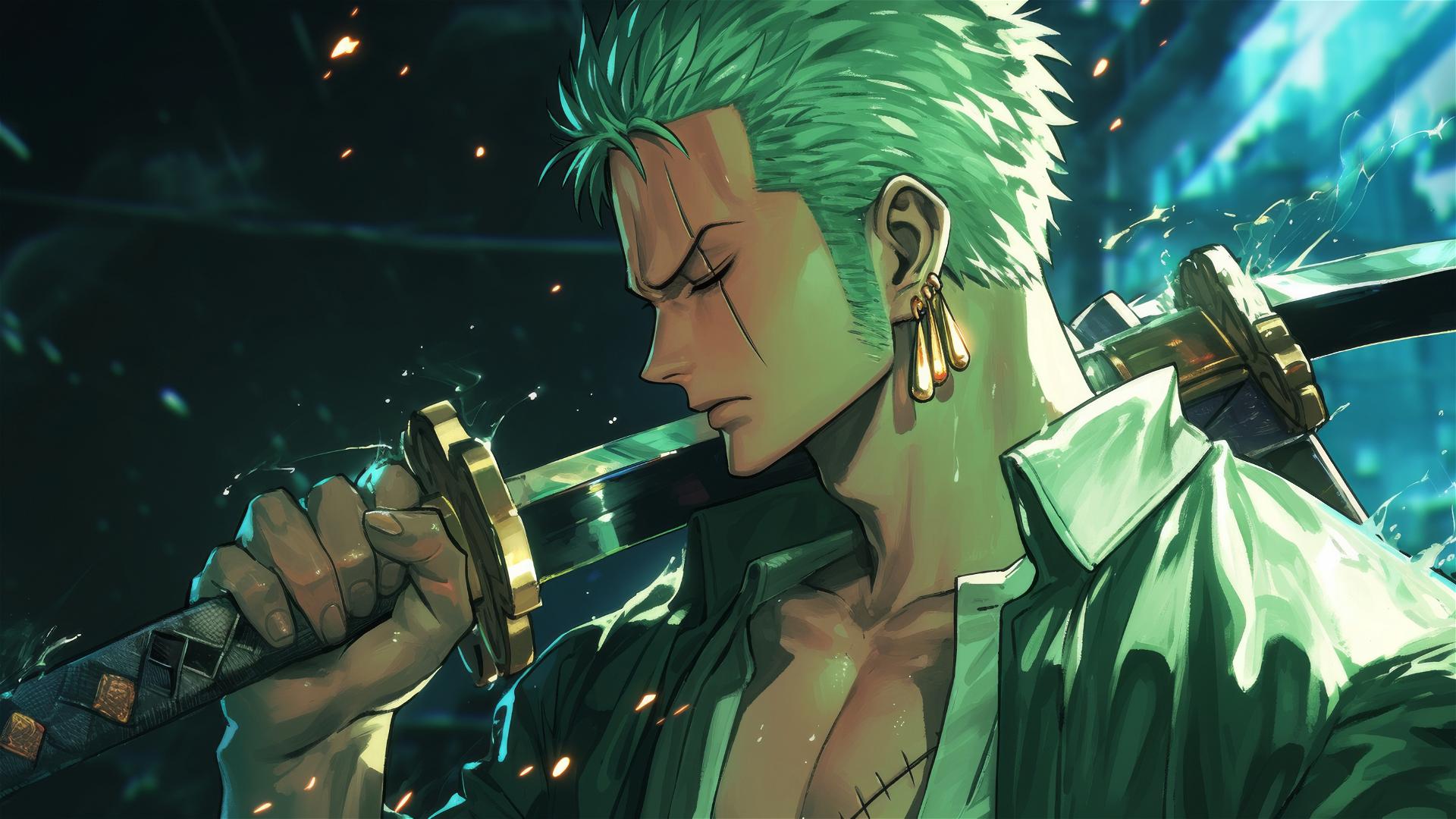 Roronoa Zoro with lantern light casting shadows on his face