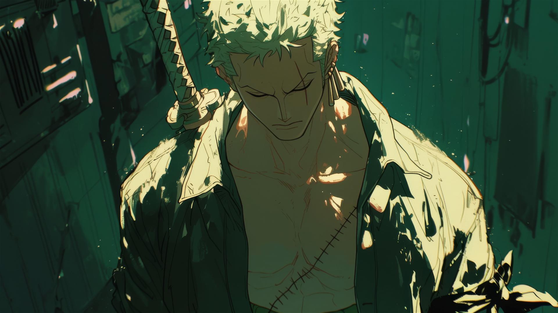 Roronoa Zoro from One Piece with sword light in a dark alley