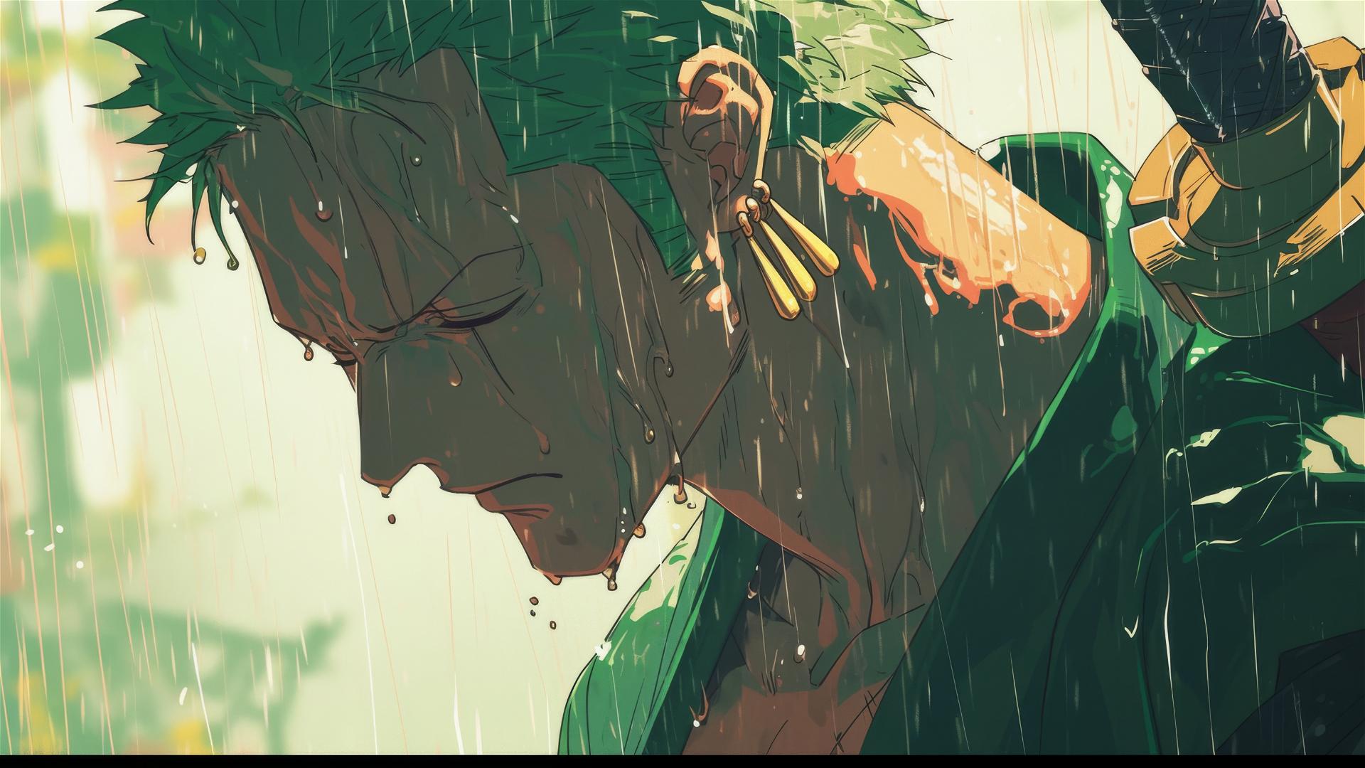 Roronoa Zoro from One Piece facing down a fallen enemy in a rainstorm