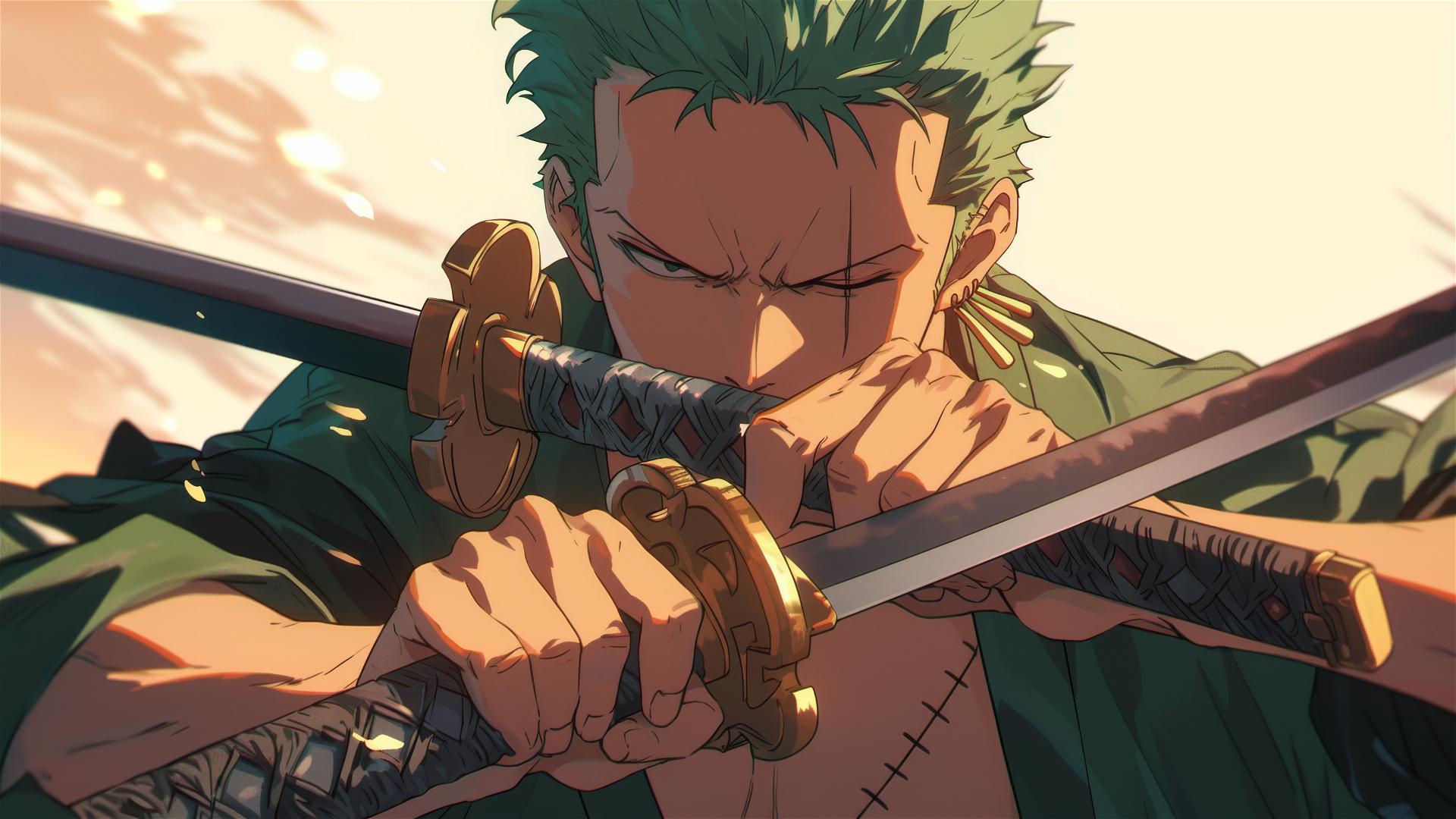 Roronoa Zoro holding three swords in extreme close-up