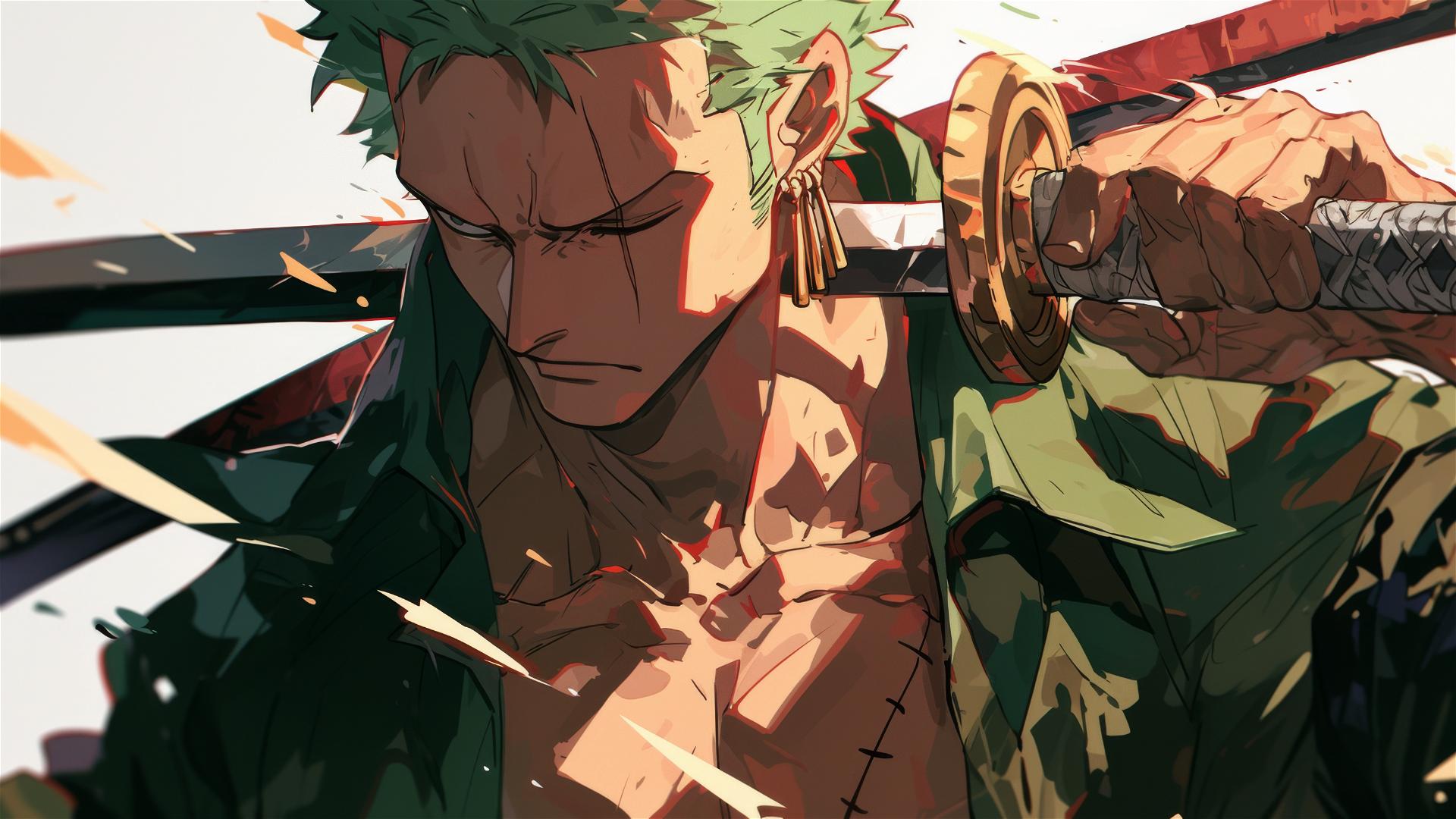 Roronoa Zoro from One Piece with katanas in action pose