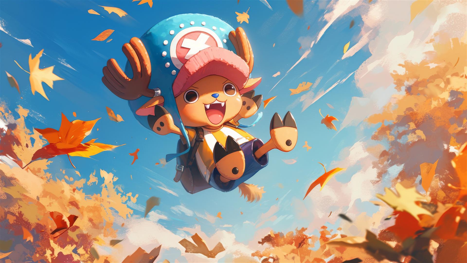 Tony Tony Chopper jumps into raked leaves, feeling autumn joy