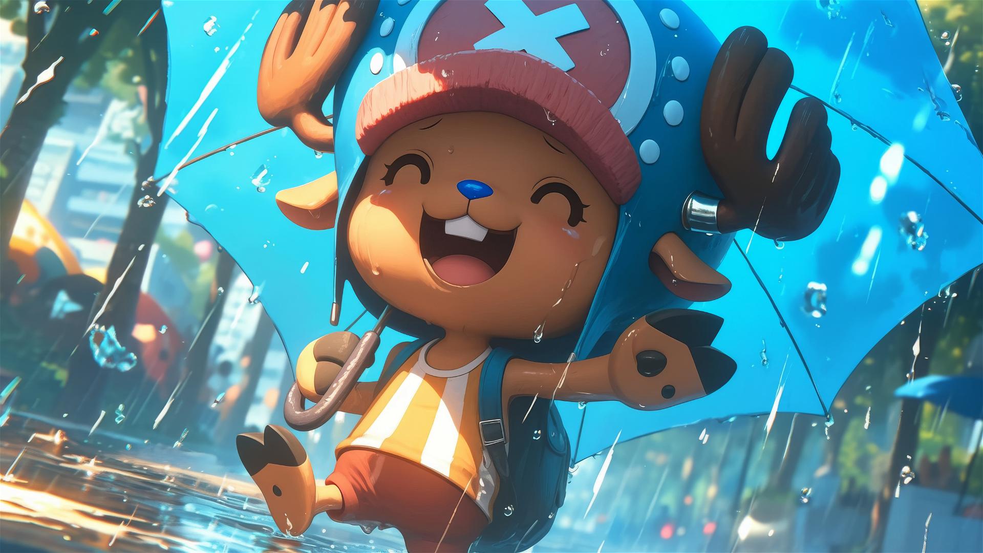 Tony Tony Chopper dancing in the rain with a tiny umbrella and a joyful face