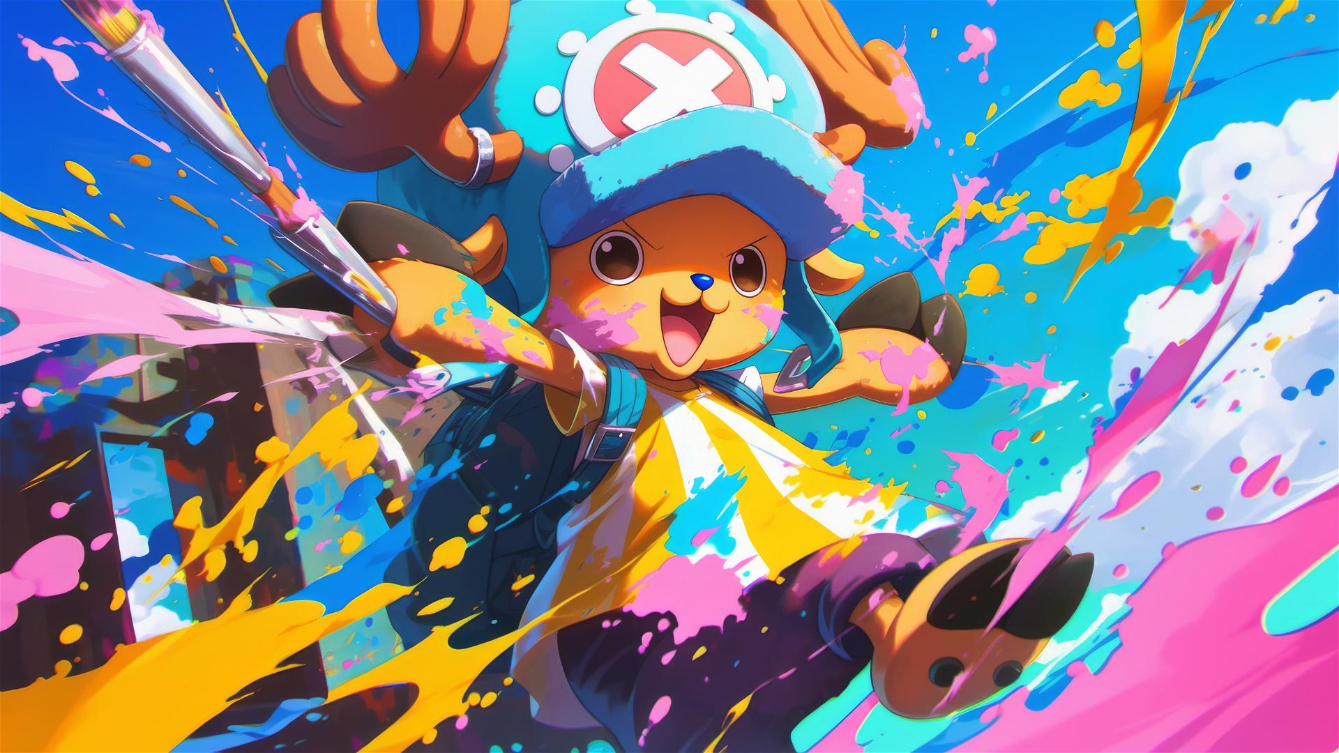Tony Tony Chopper from One Piece with paint splatters, holding a paintbrush