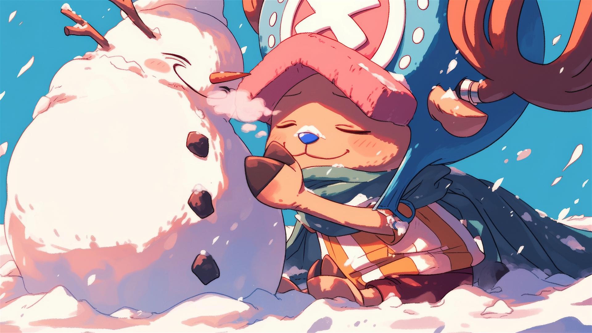 Tony Tony Chopper with a snowman wearing matching scarves