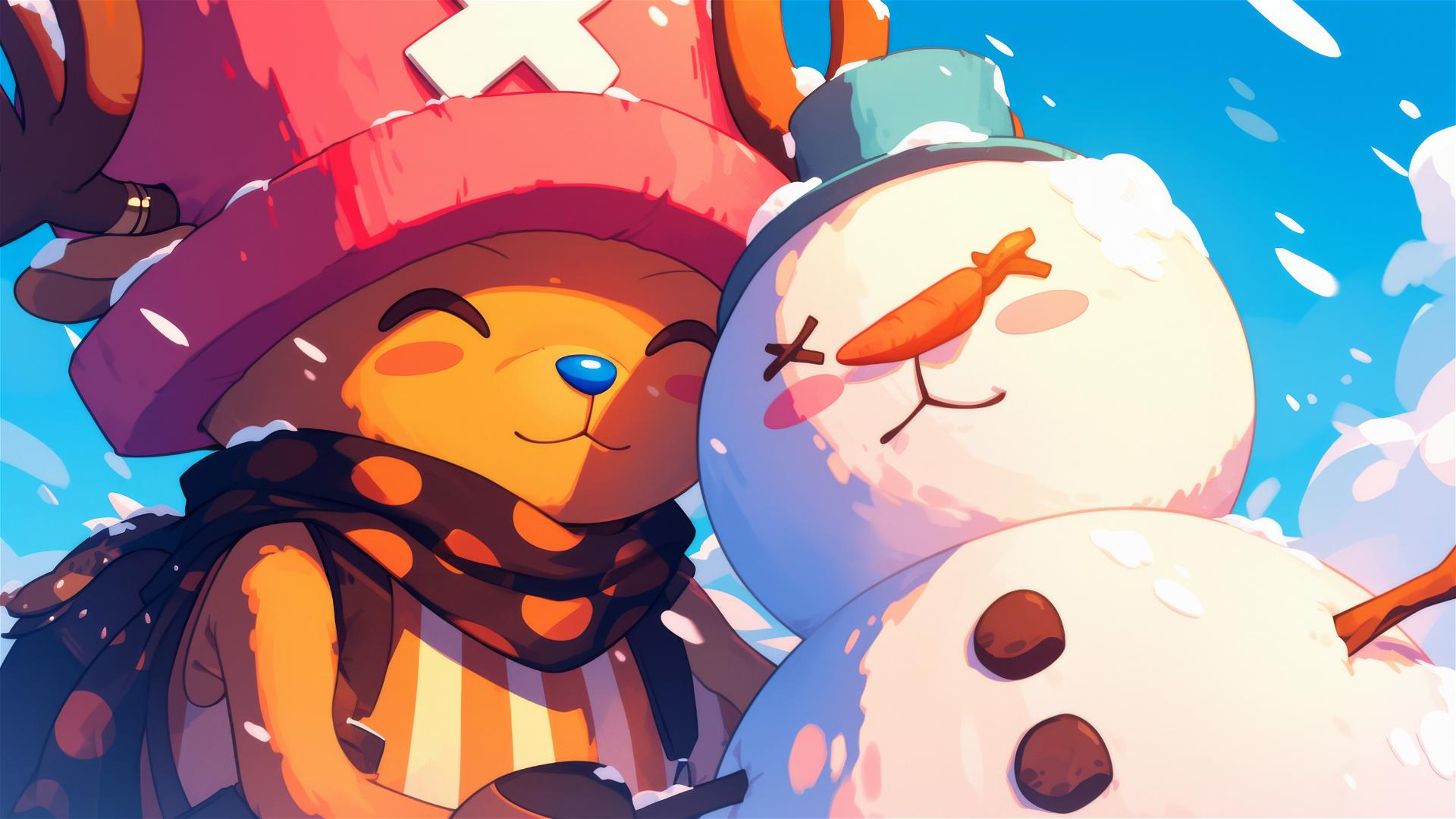 Tony Tony Chopper from One Piece playing with a snowman and wearing matching scarves