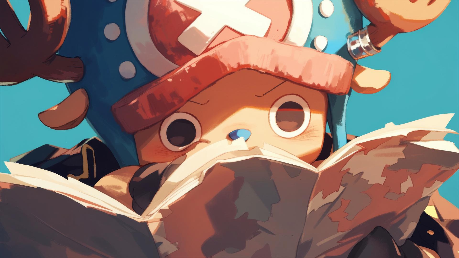 Tony Tony Chopper from One Piece looking at an enormous map