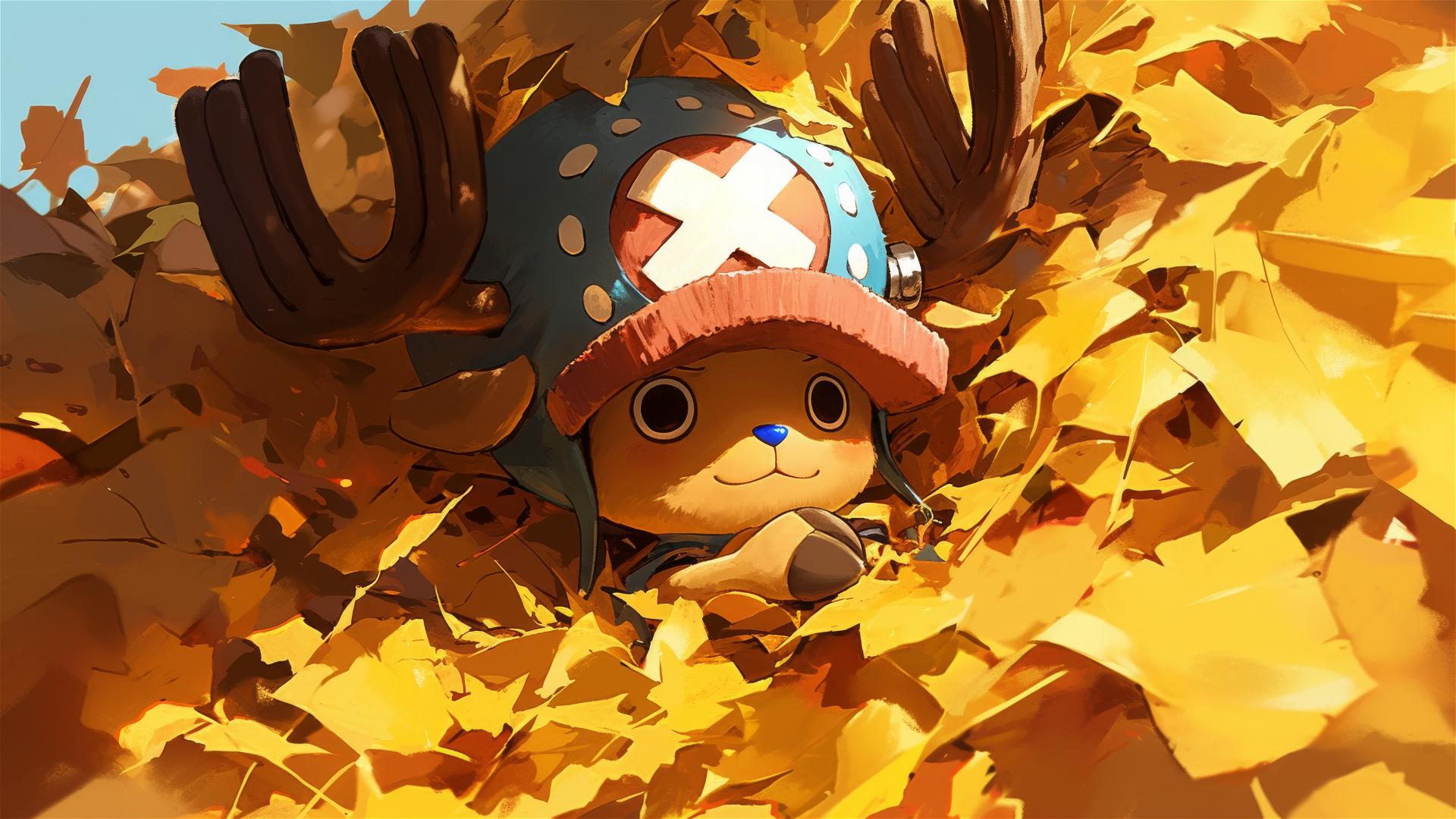 Tony Tony Chopper's hat peeking out from autumn leaves