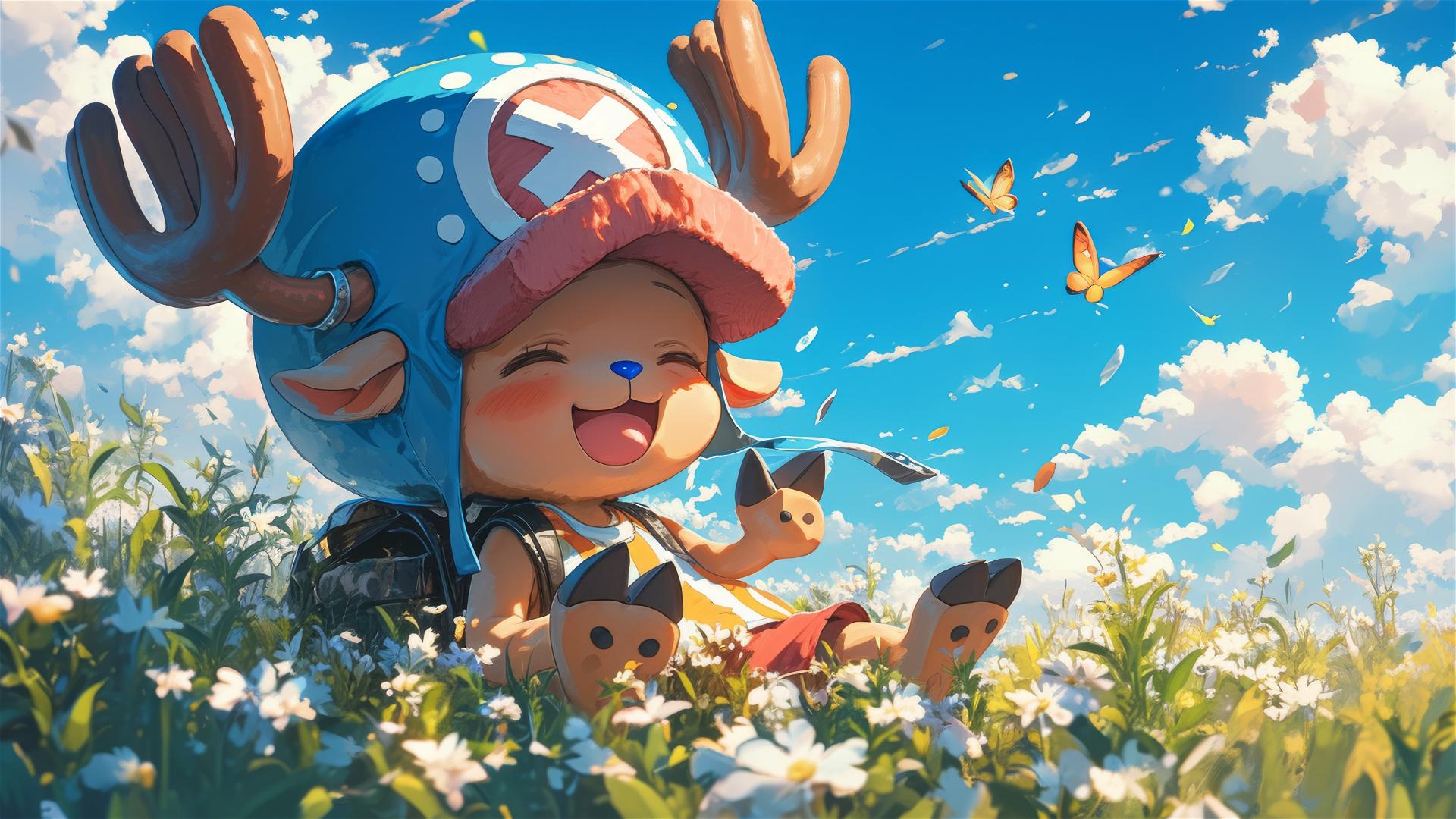 Tony Tony Chopper from One Piece in a daisy field with butterflies