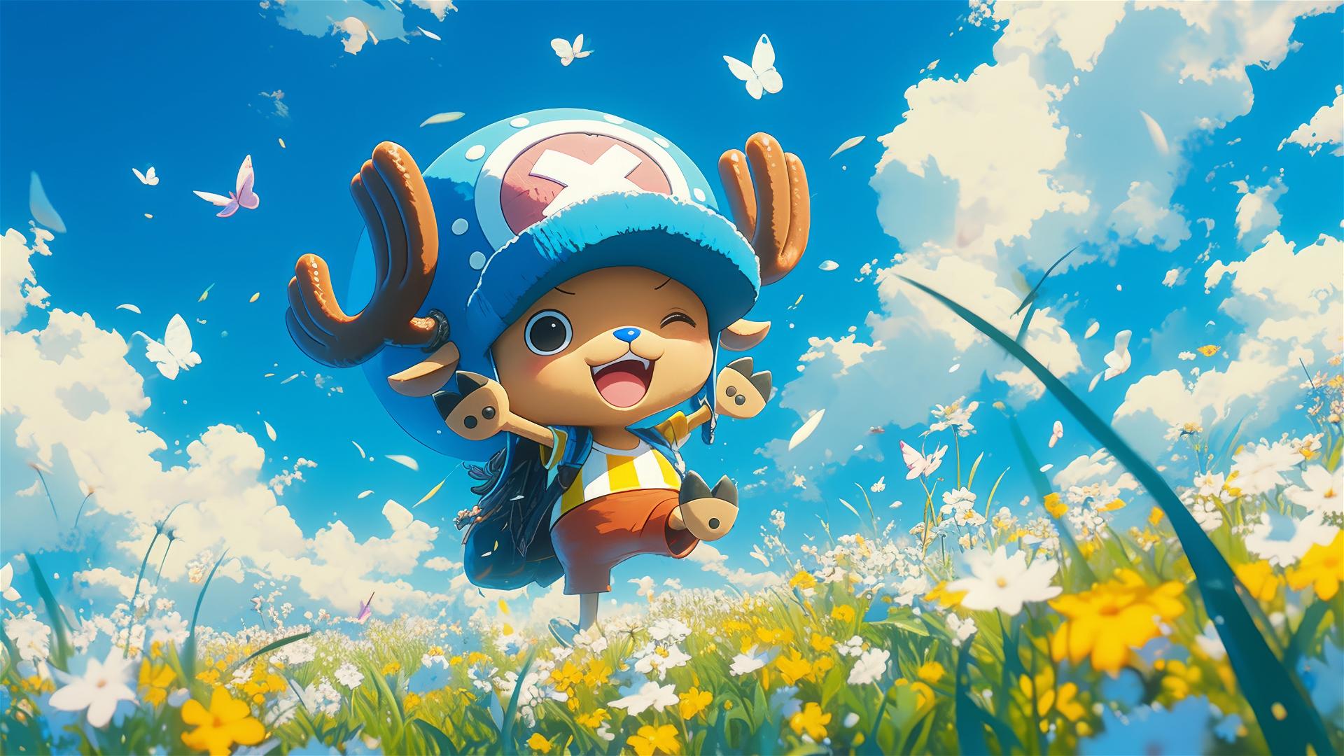 Tony Tony Chopper from One Piece in a daisy field with butterflies