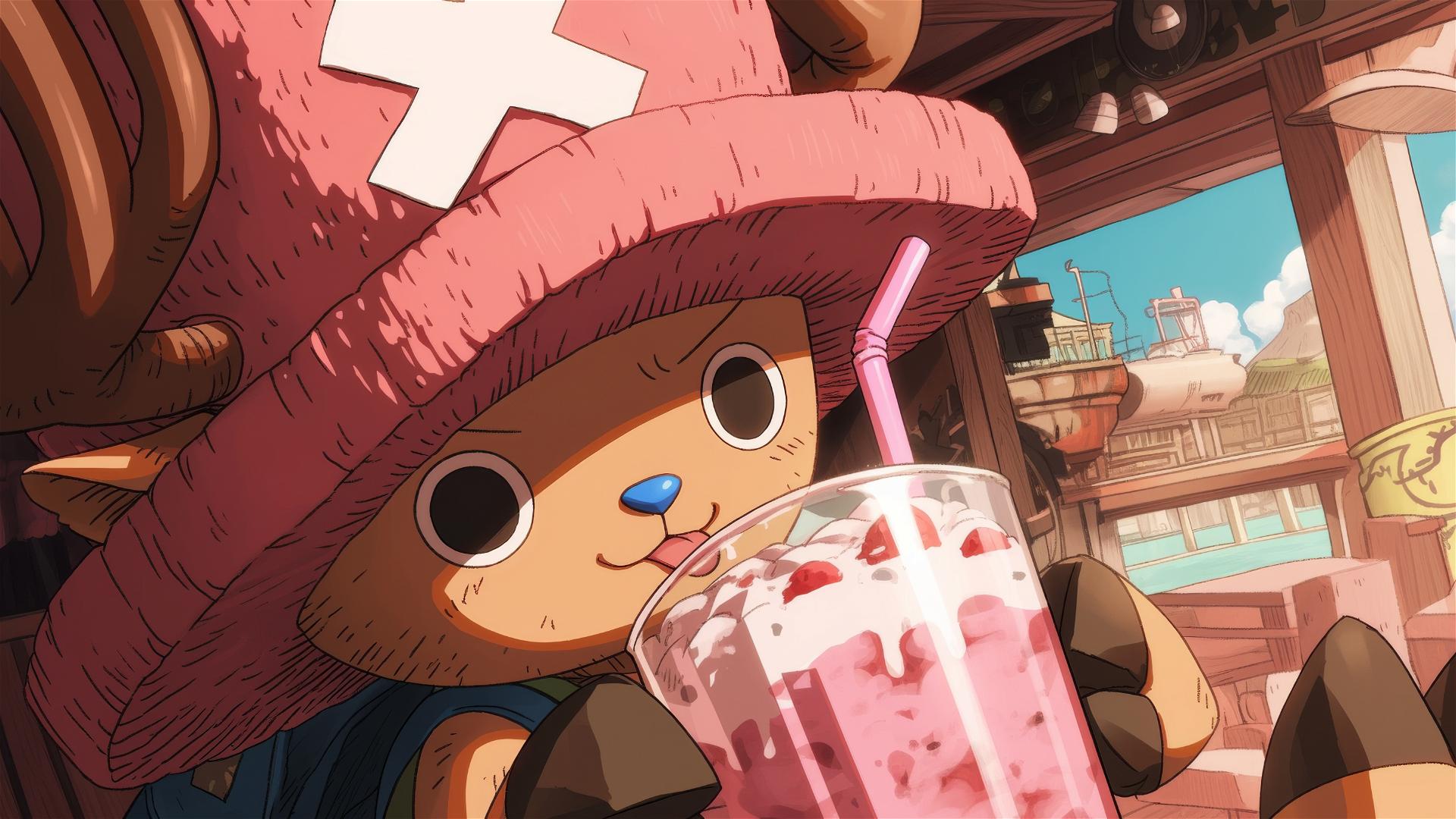 Tony Tony Chopper sipping a giant strawberry milkshake with oversized straw