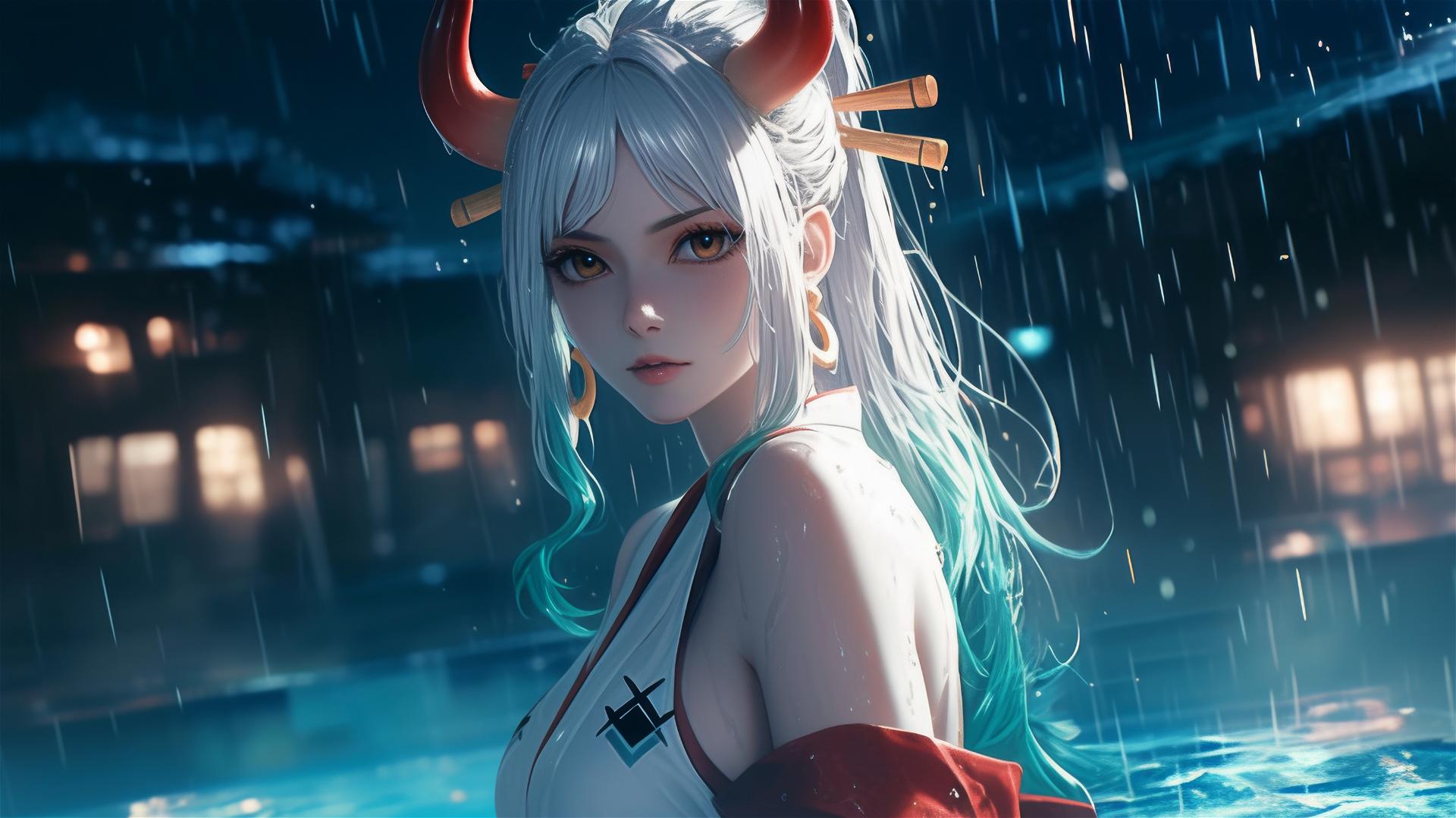 Yamato from One Piece standing by a pool in moonlight, realistic and surreal