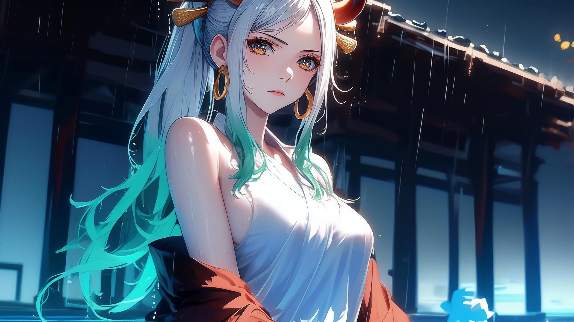 Yamato from One Piece standing in a pool under moonlight in the rain, wearing a white dress