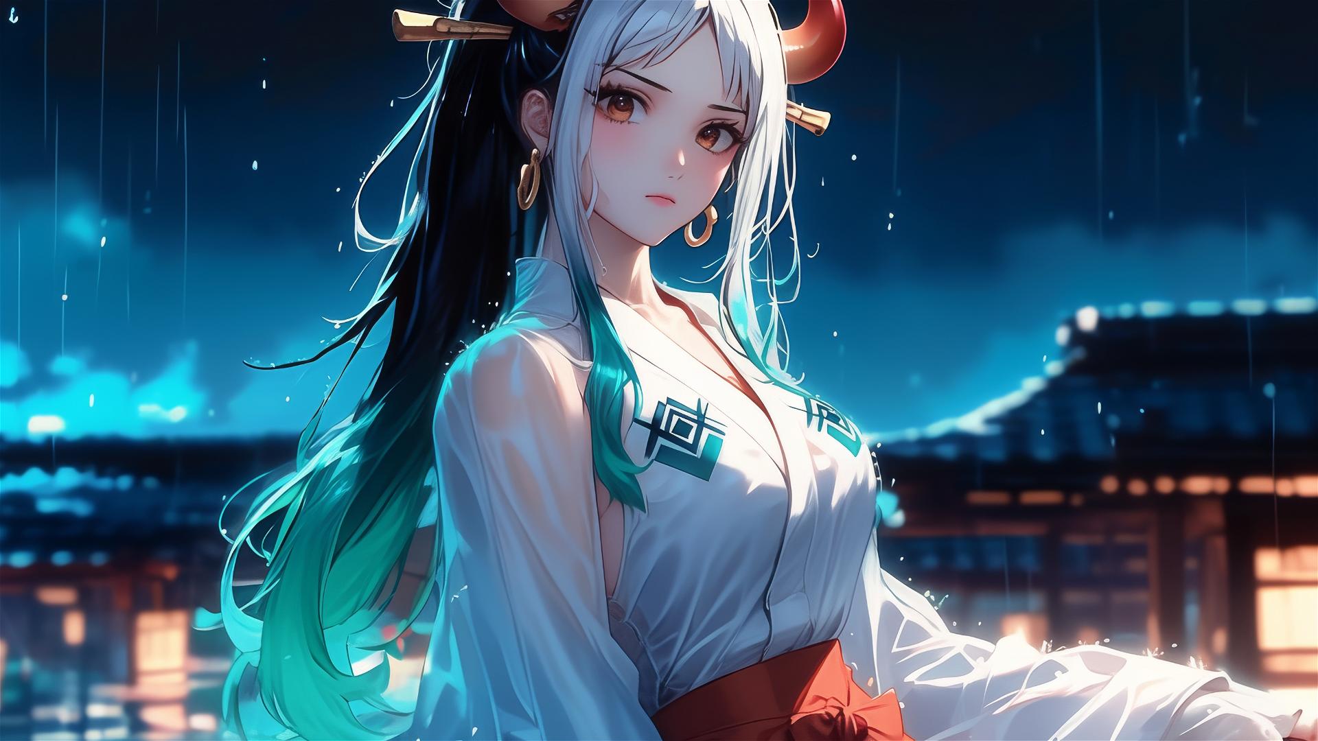 Yamato from One Piece standing in a pool with moonlight reflection