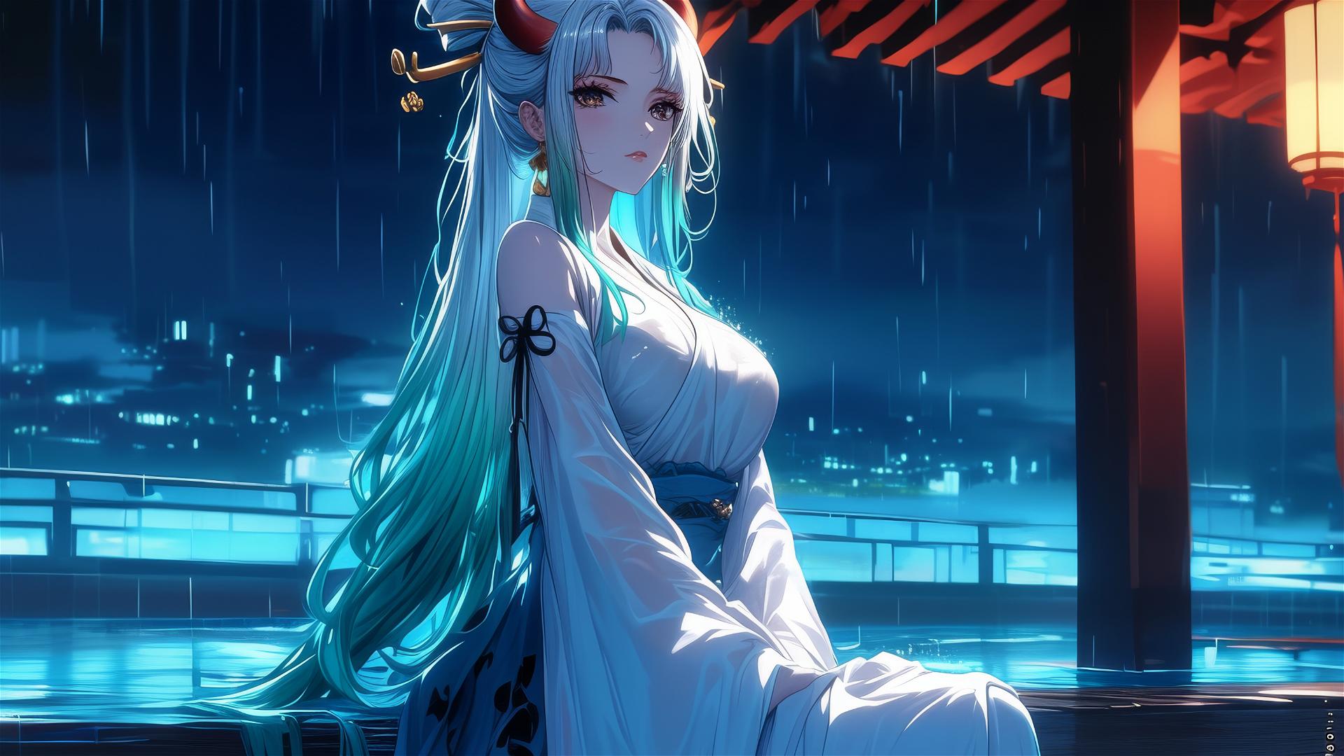 Yamato from One Piece standing in a rainy pool under the moonlight