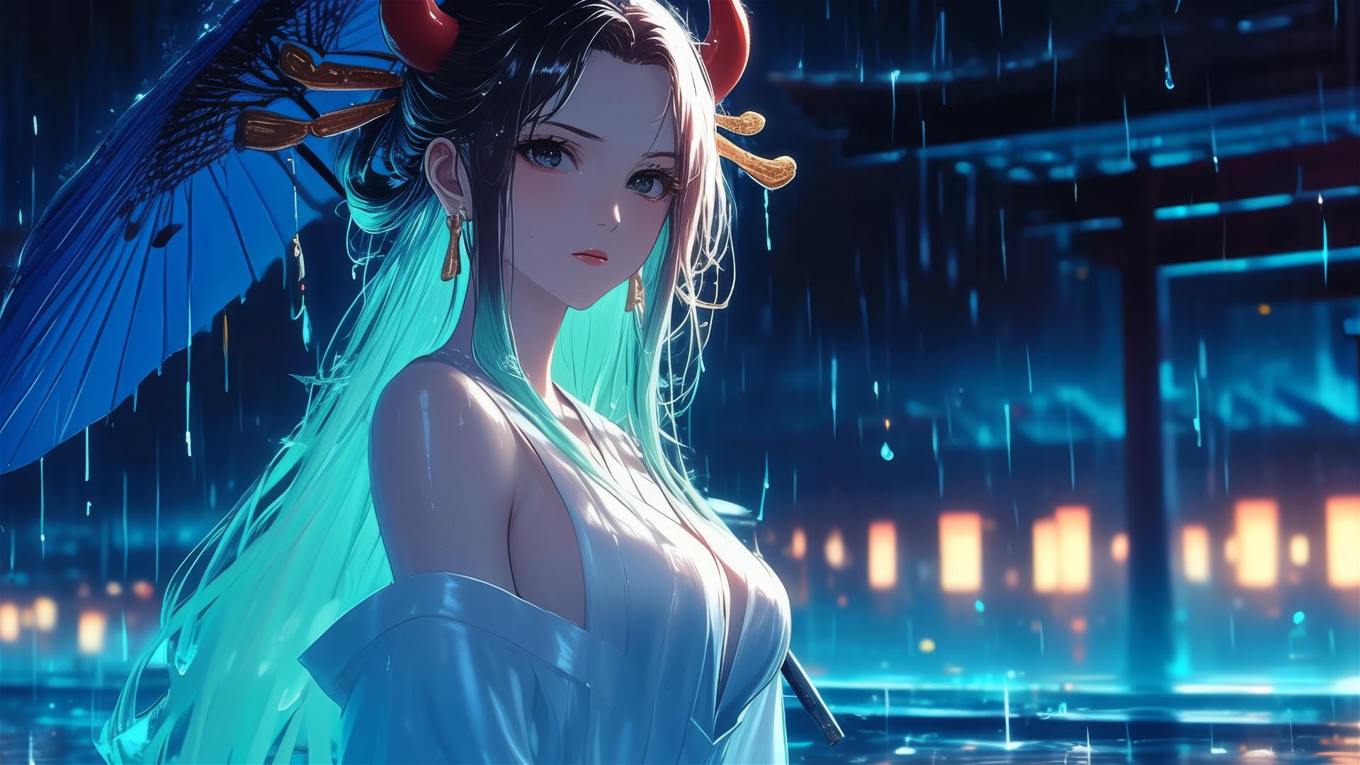 Yamato from One Piece standing in a pool with moonlight